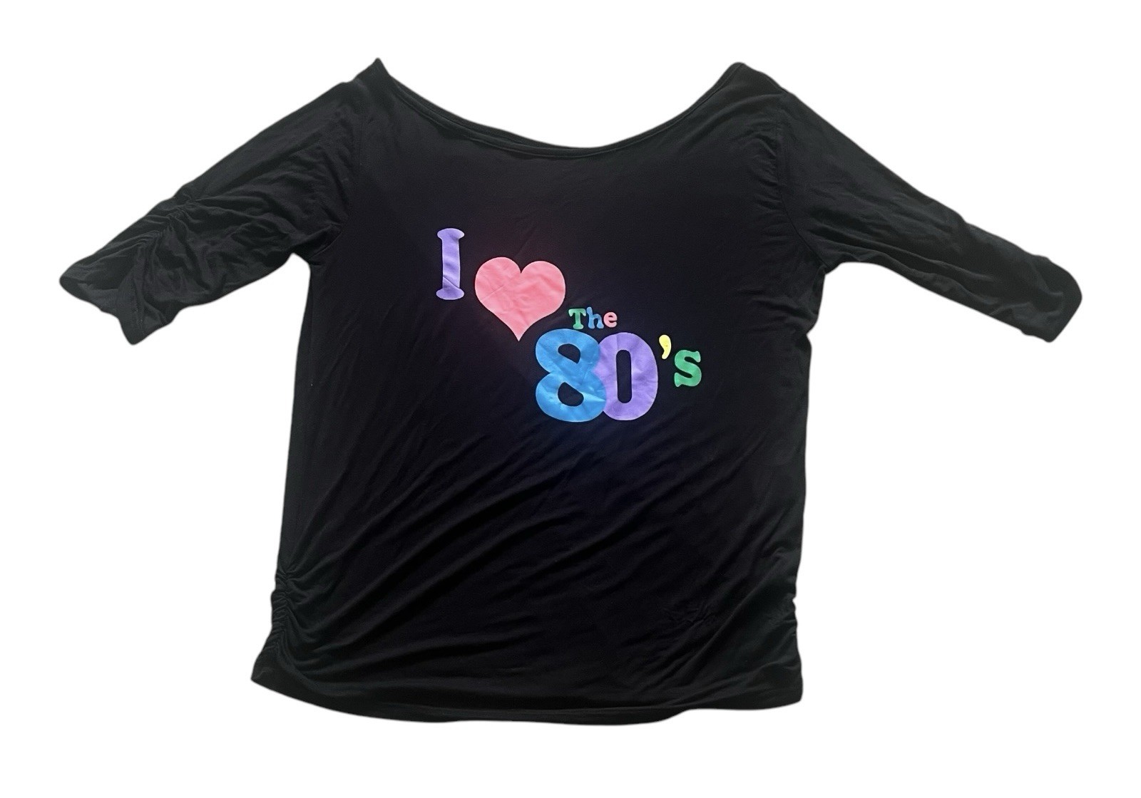 Vintage casual black top shirt L scooped neck graphic I Love The 80’s 3/4 sleeve