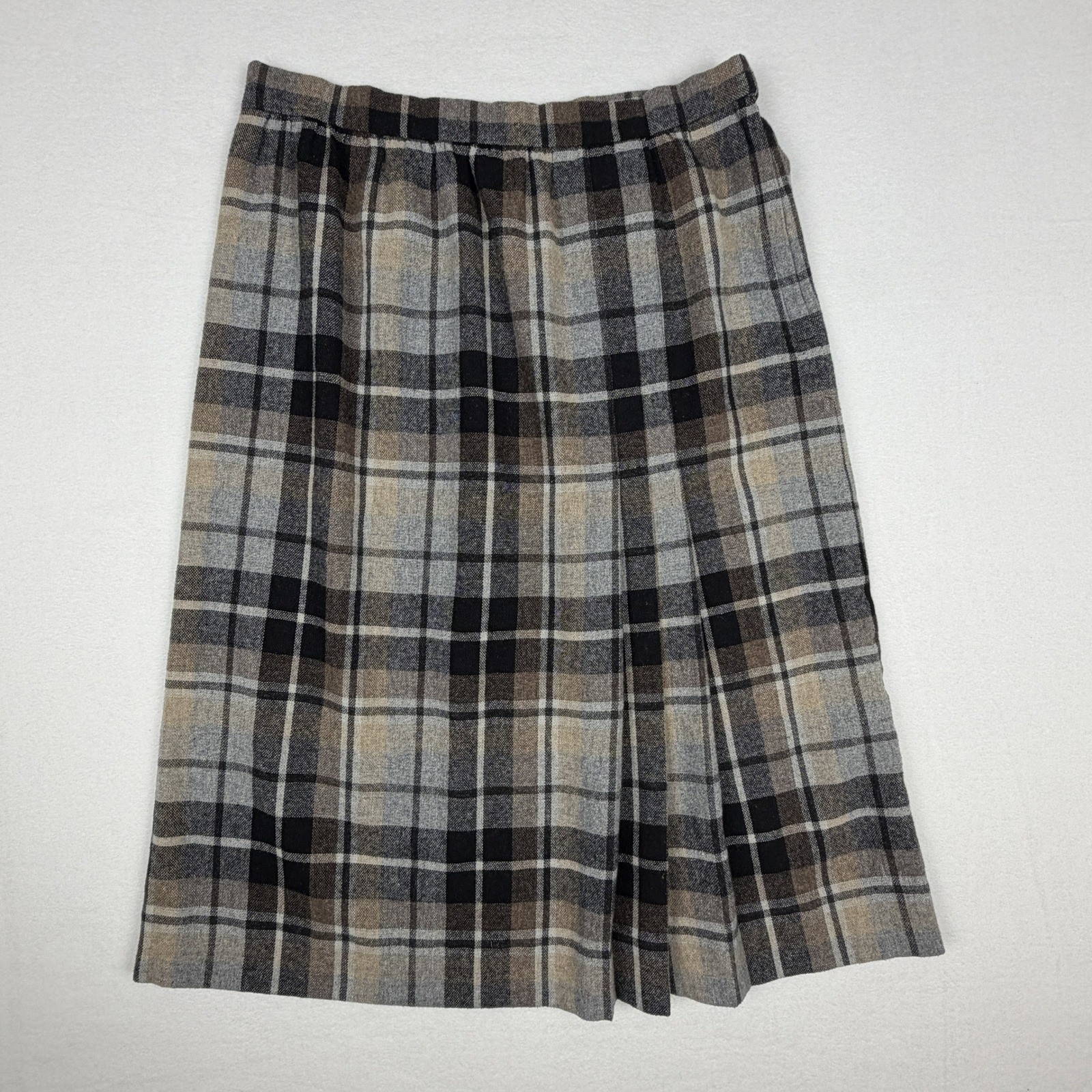 Vintage Plaid Midi Skirt Brown Grey Black High Waist Pleated Wool Blend