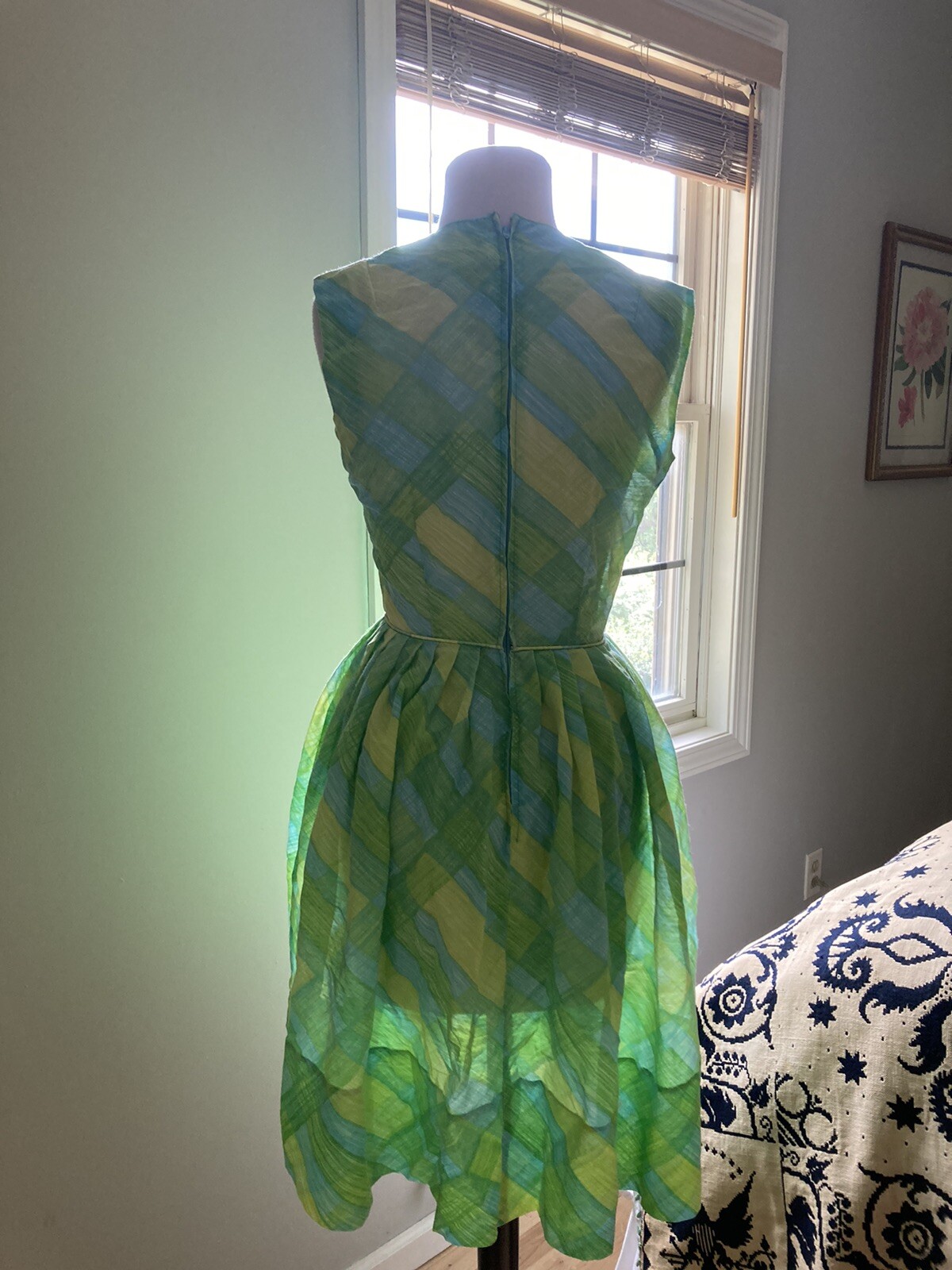 Vintage 1950s 60s Gay Gibson fit & flare Sheer lemon lime plaid Dress xs-s