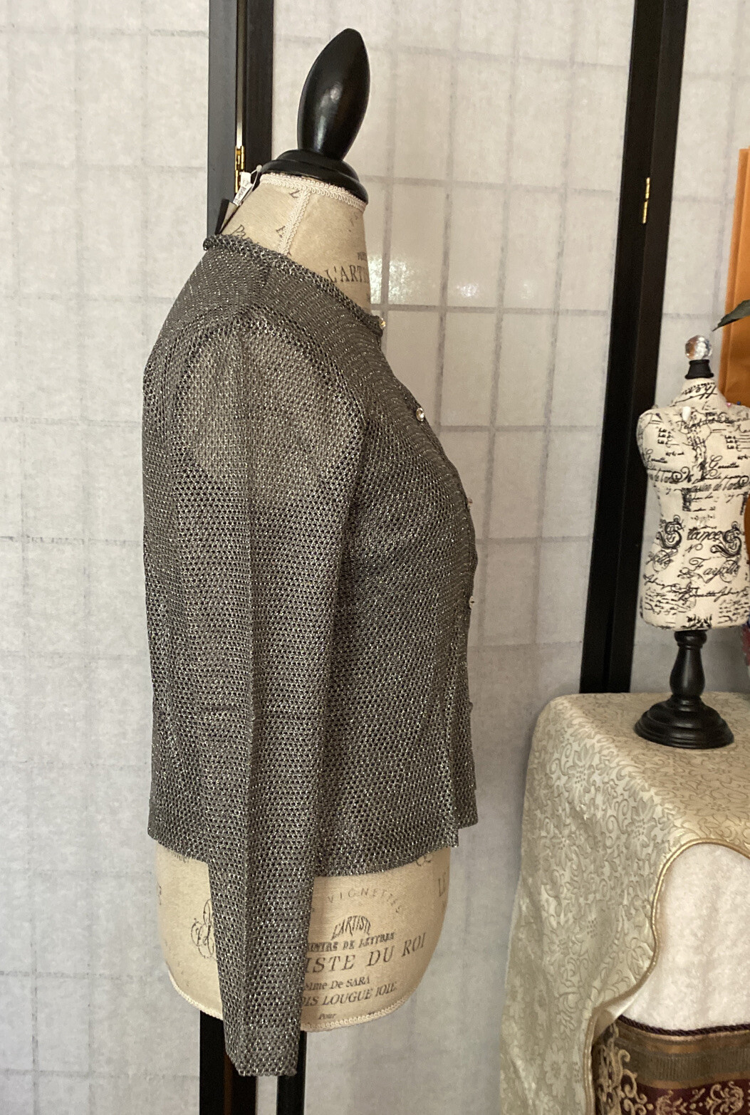 JS Collections VTG 90s Petite=XS Silver Stretch ViscoseCardigan Sweater+Tank Set