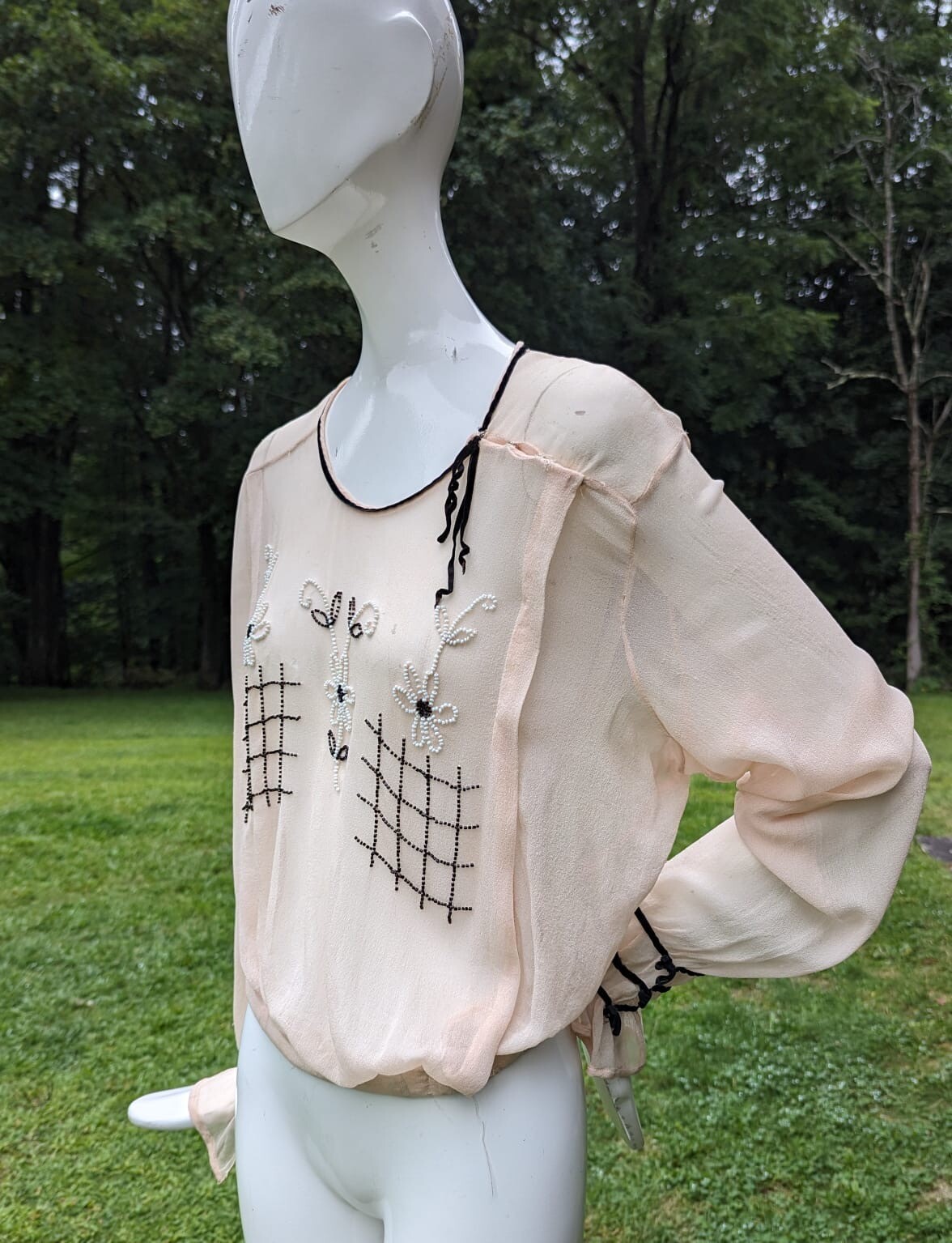 EDWARDIAN SILK CHIFFON BLOUSE W BEADED FRONT – AS ACQUIRED