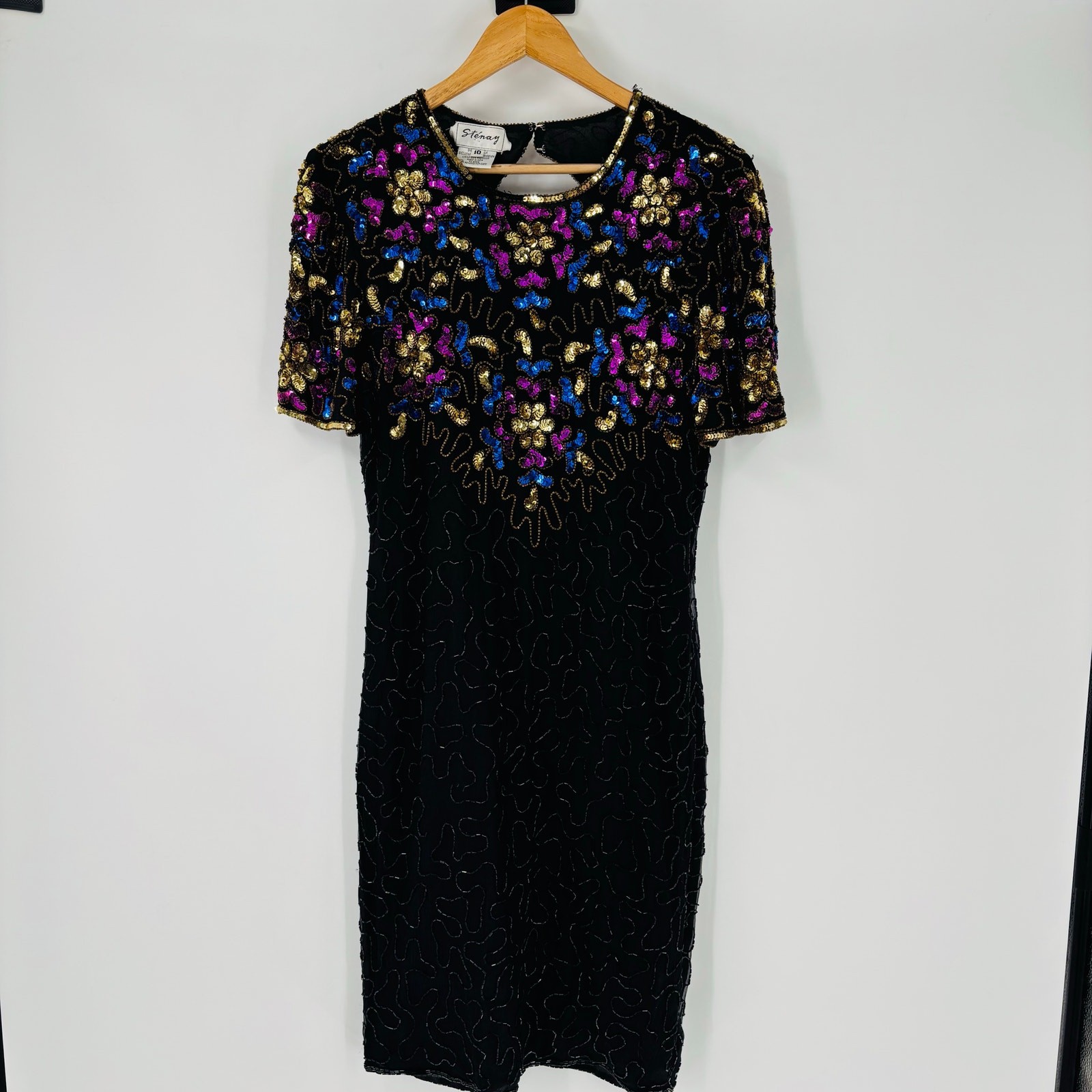 Vintage 1980’s 100% Silk Dress Size 10 Stenay Black Embroidered Sequins Shift