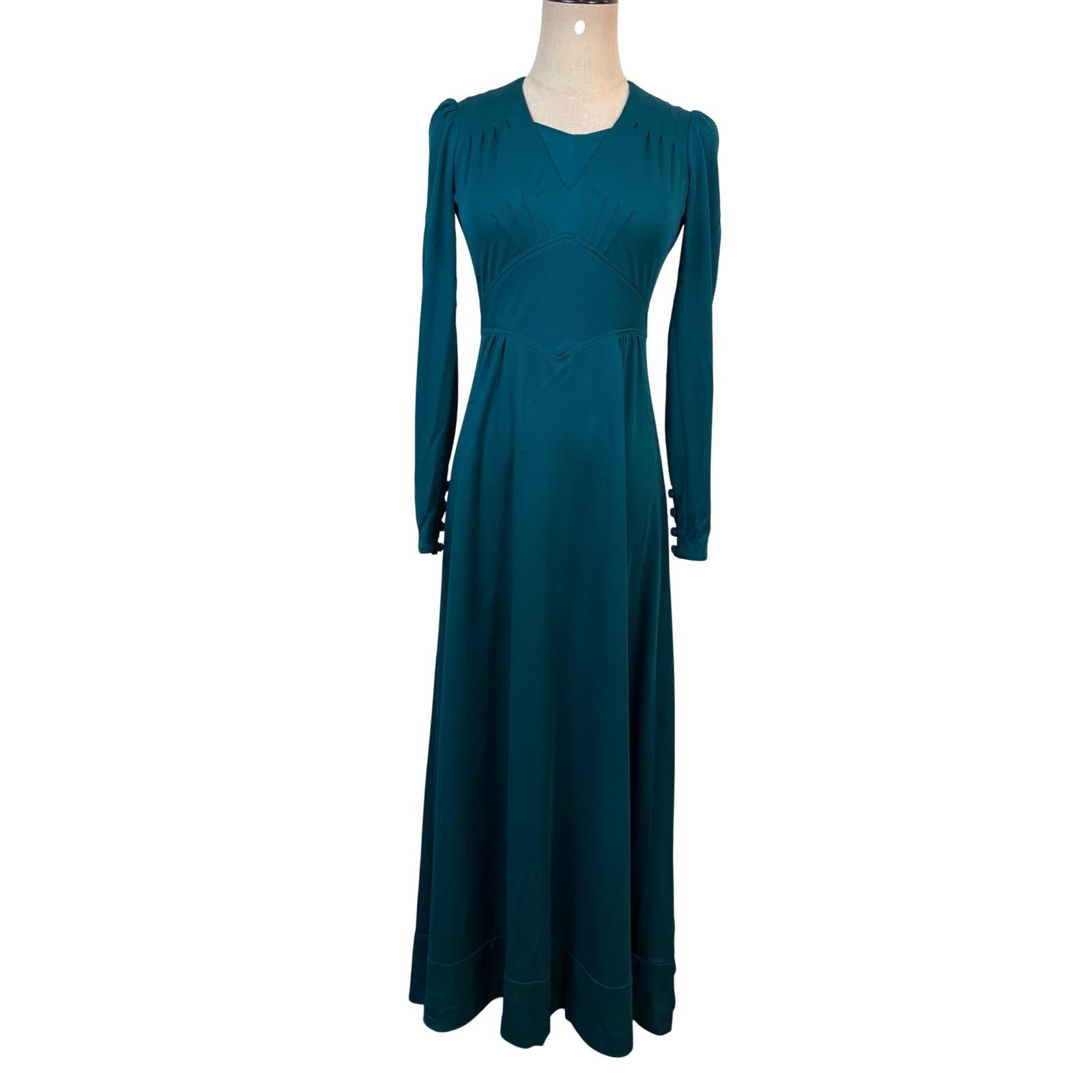 Vintage 70s Teal Blue Maxi Dress Chevron Waist Gown Boho Disco festival groovy