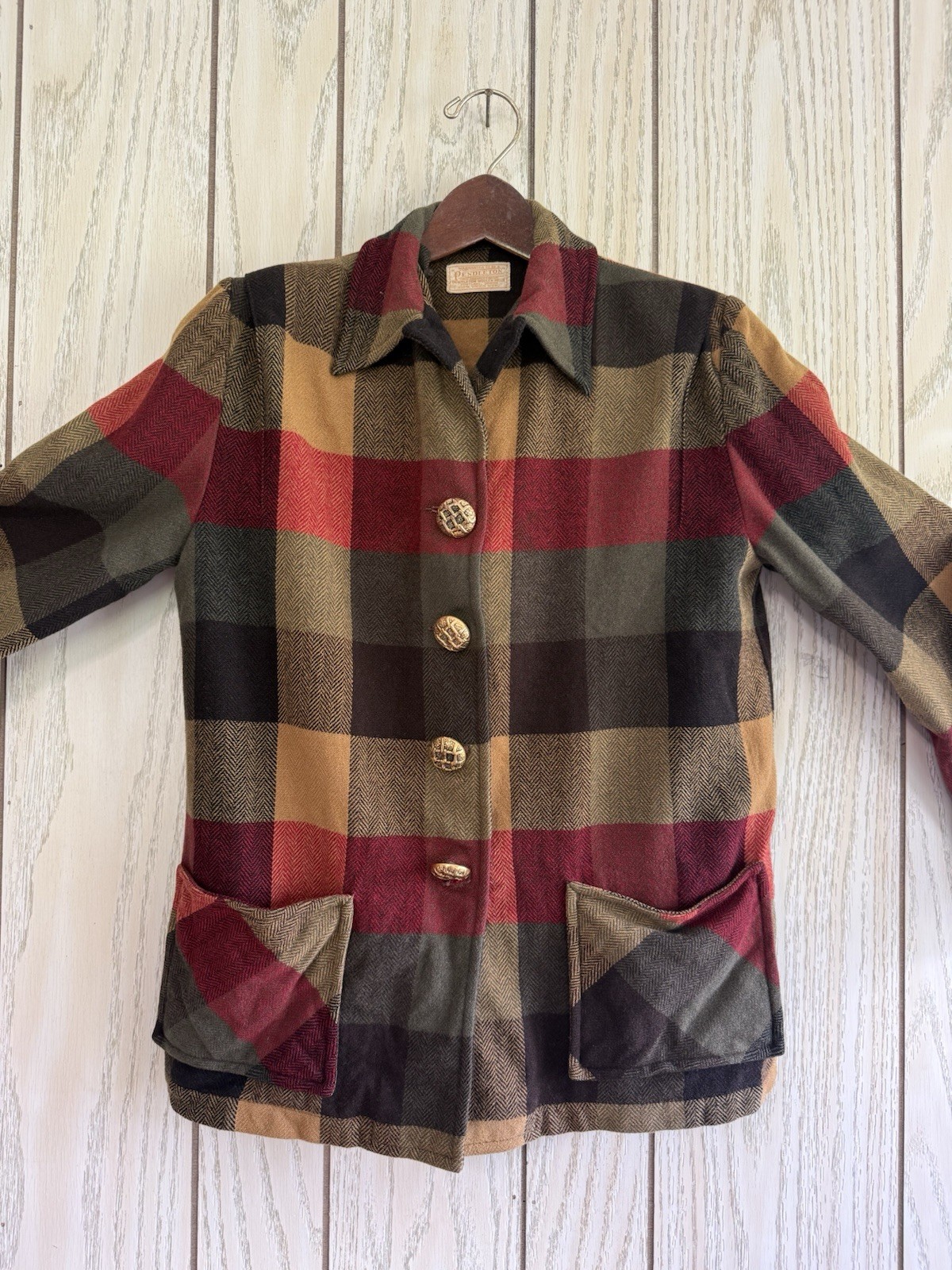 Vtg 50s Pendleton 49er Wool Jacket L Autumn Yellow Red Green Plaid Chore Shacket
