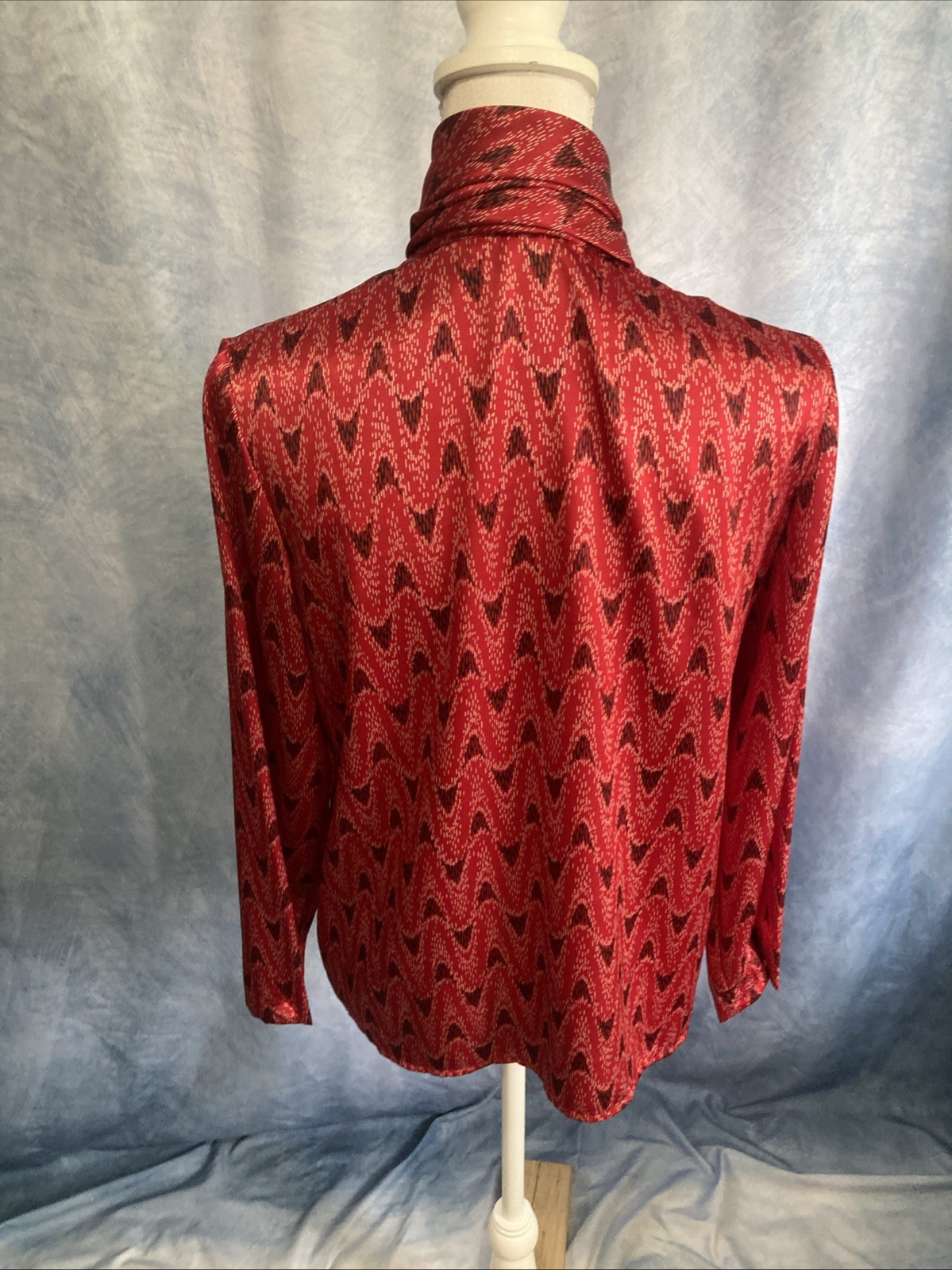 VTG 70s Weathervane Secretary Blouse Asymmetric Button Red Ikat Chevron Tie Neck