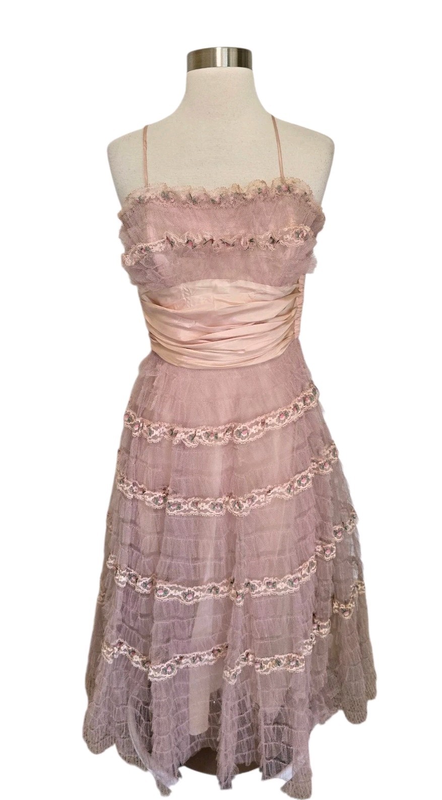 1950s Vintage Womens Pink Tulle Gown Dress Floral Detail