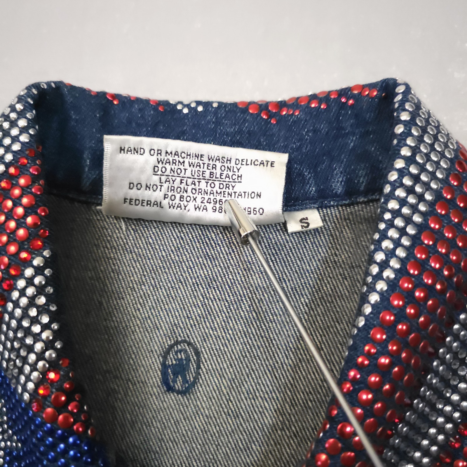 Vintage 90s Heritage Denim Rhinestone American Flag Jacket Christine Alexander S