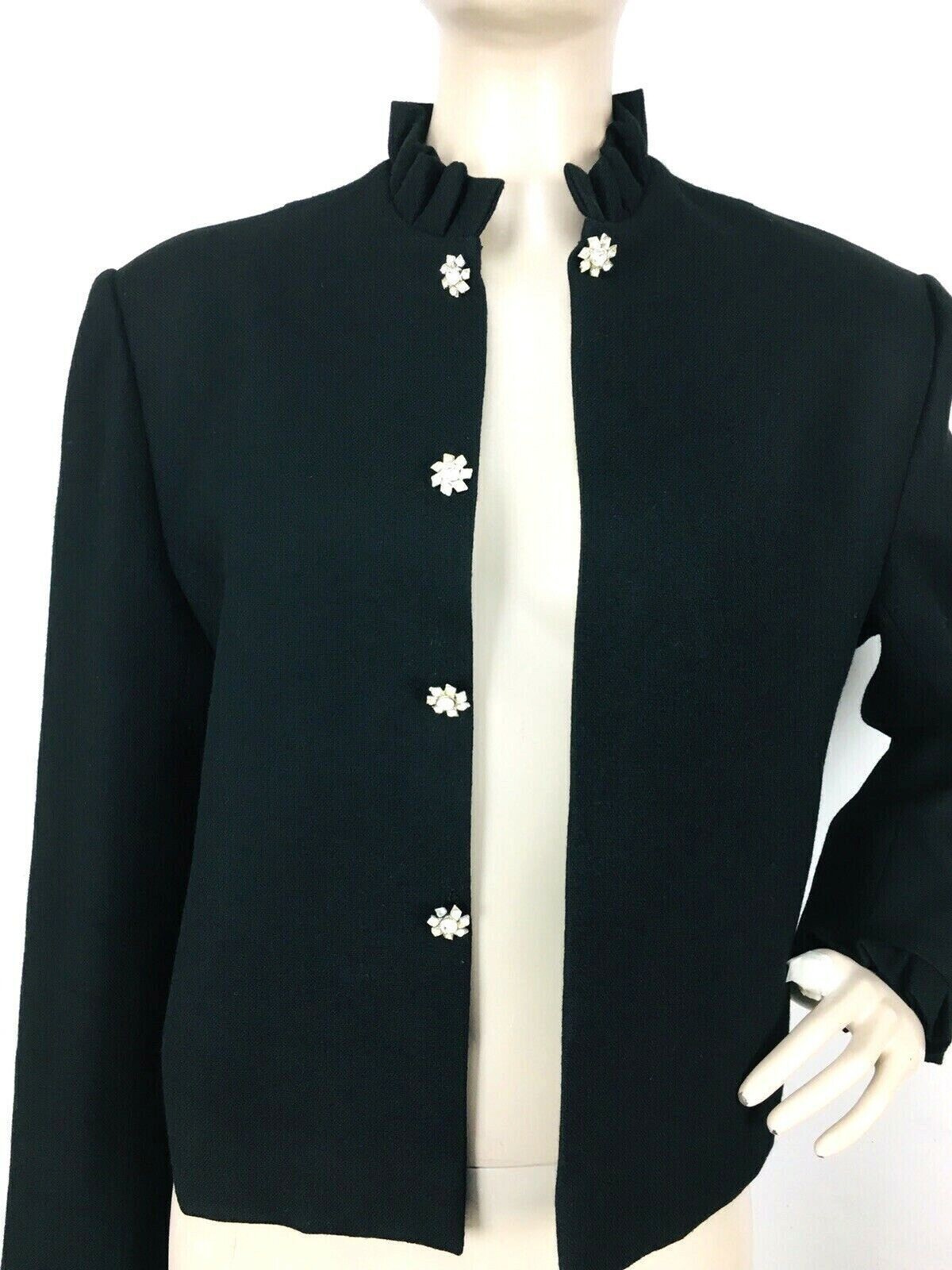Vintage 70s C’est Simone Black Wool Jacket Rhinestone Detail Ruffled Neck Cuffs