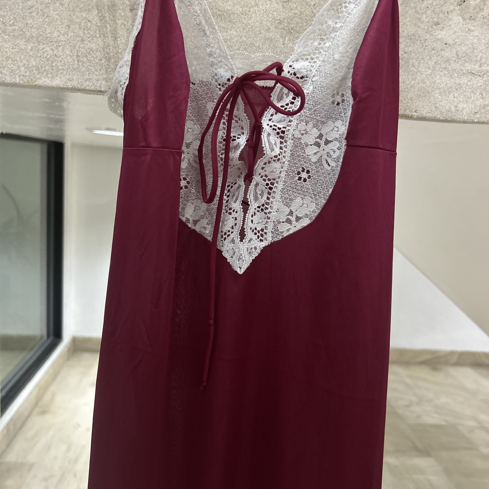 VINTAGE Vasarette Red Satin Long Nightgown Dress Lace Rossette Nightie Lingerie