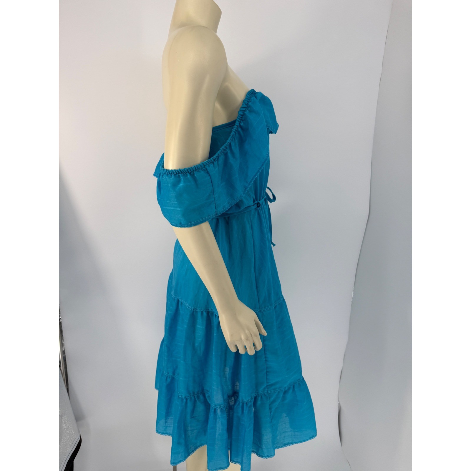 1970s Blue Off Shoulder Prairie Dress Cottagecore Boho Gauze Small
