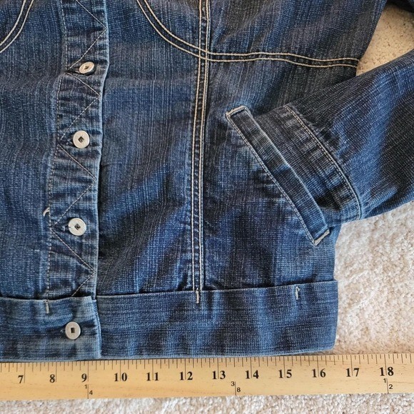 Y2K Vintage Marithé + François Girbaud blue denim jacket with applique.