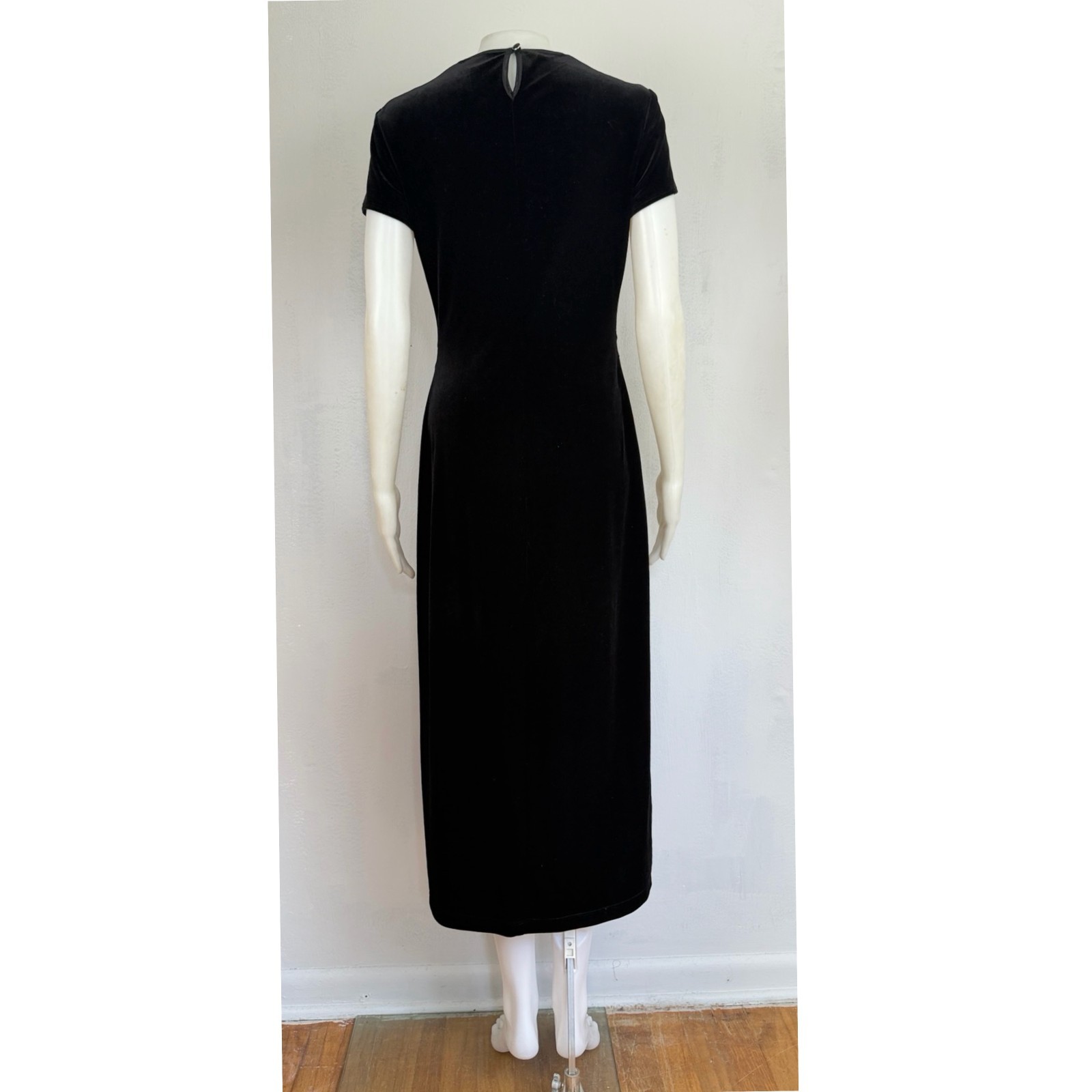 Vintage Black Crushed Velvet Midi Dress with Belt Detail Size Small Satin Trim