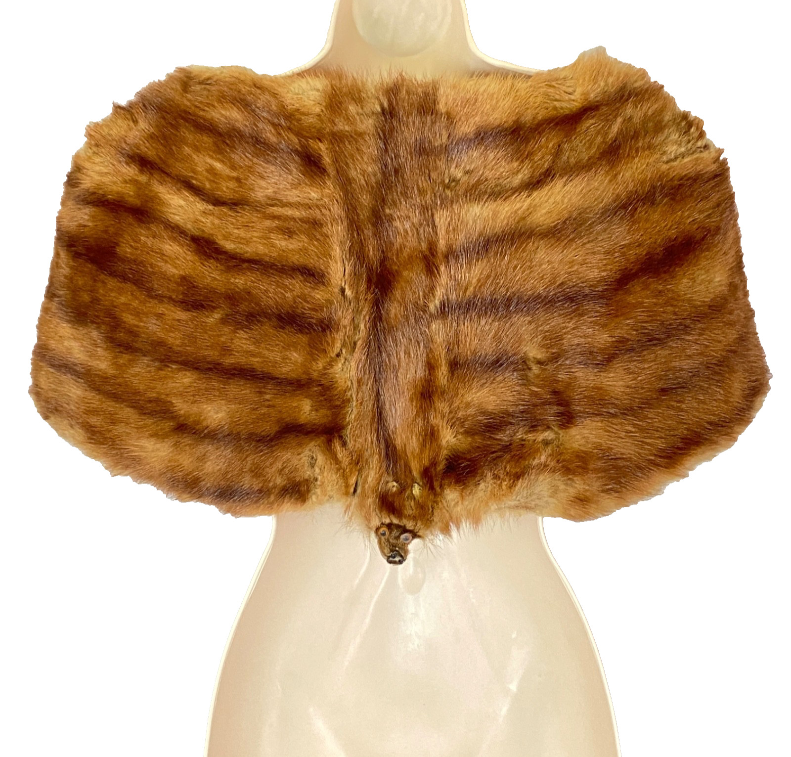 Vintage 1900s brown genuine fur stole wrap stripe capelet mink face head shrug