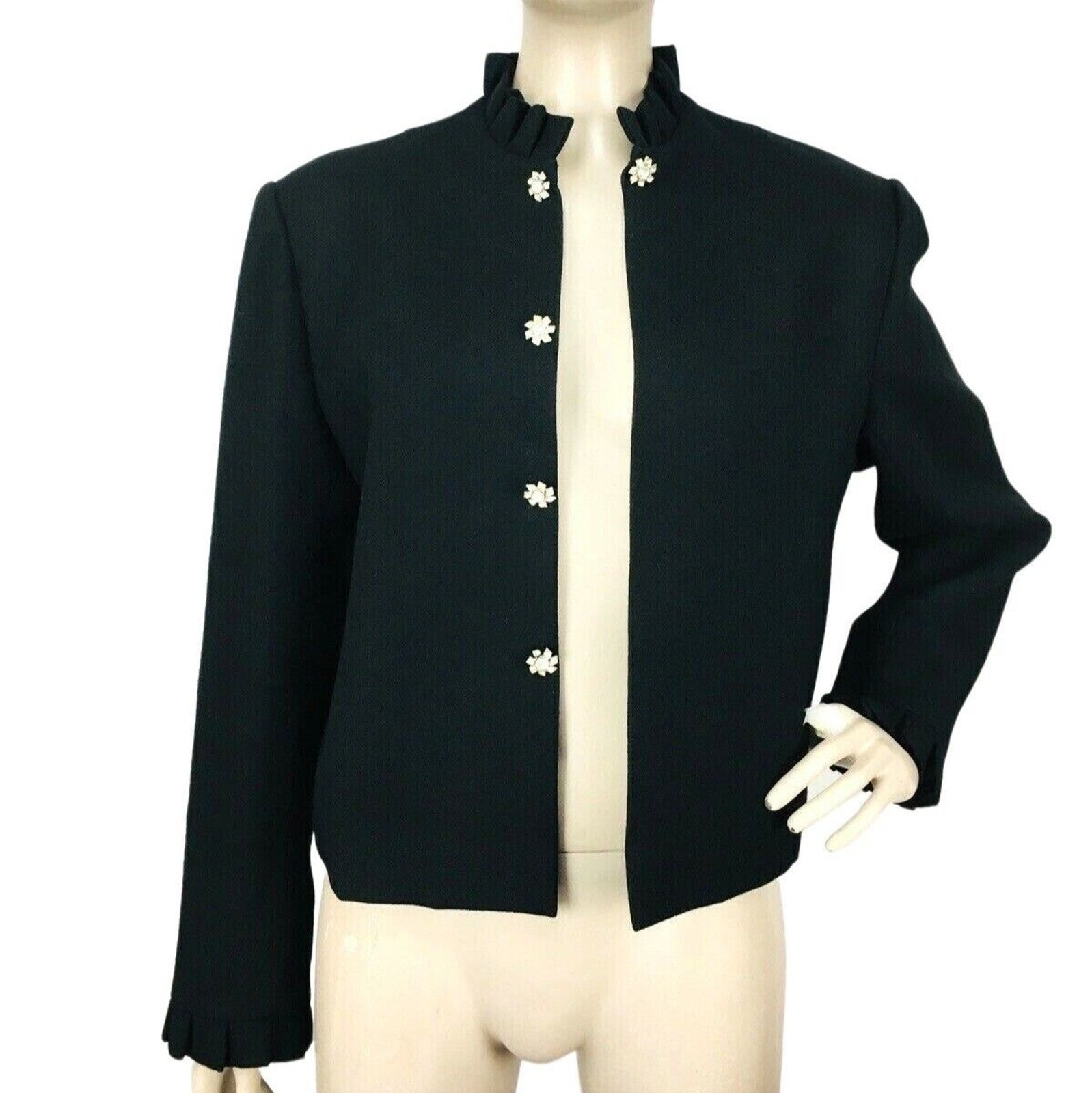 Vintage 70s C’est Simone Black Wool Jacket Rhinestone Detail Ruffled Neck Cuffs