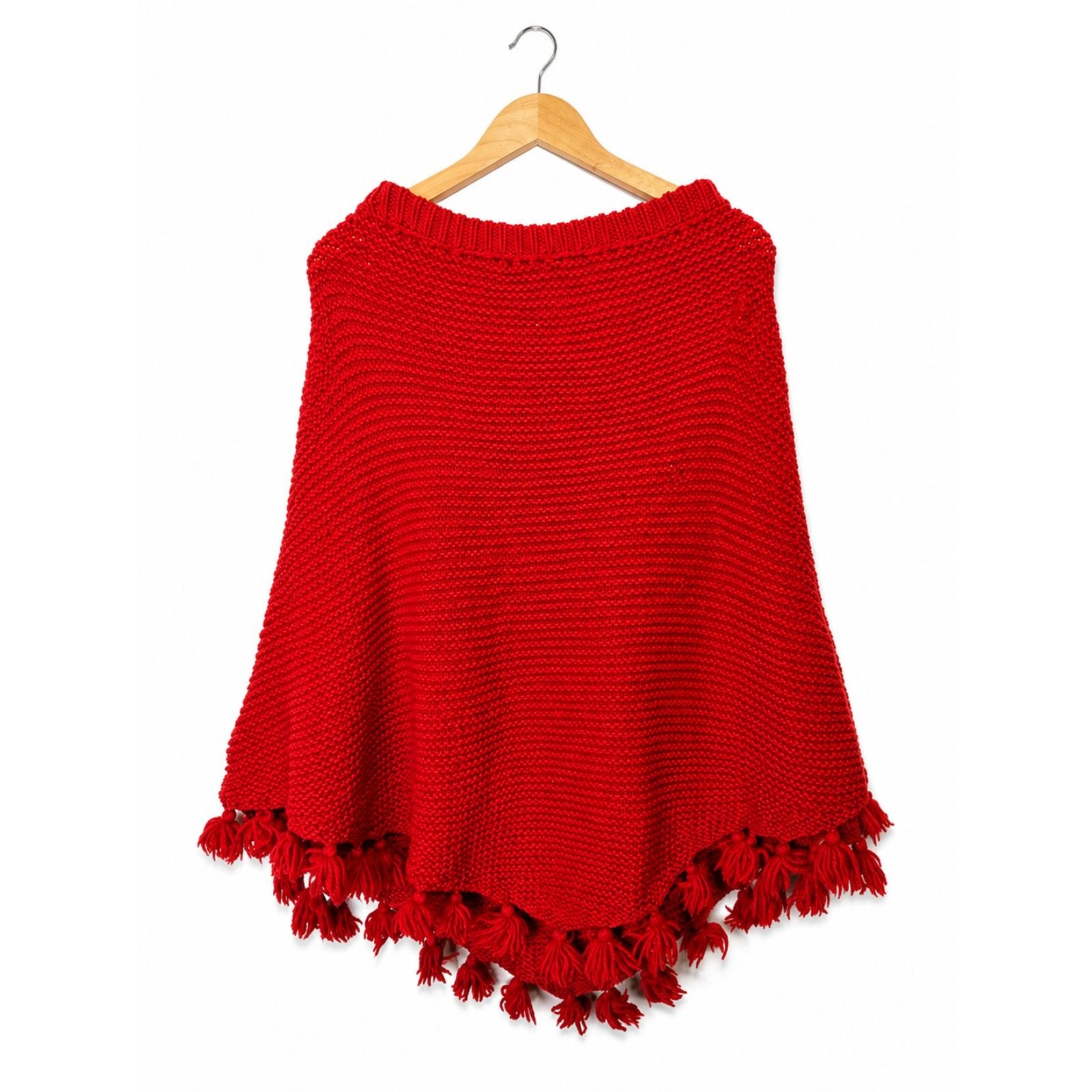 Vintage Handmade Red Tassel Knit Poncho Boho Oversized Fringe Cape Wrap OS