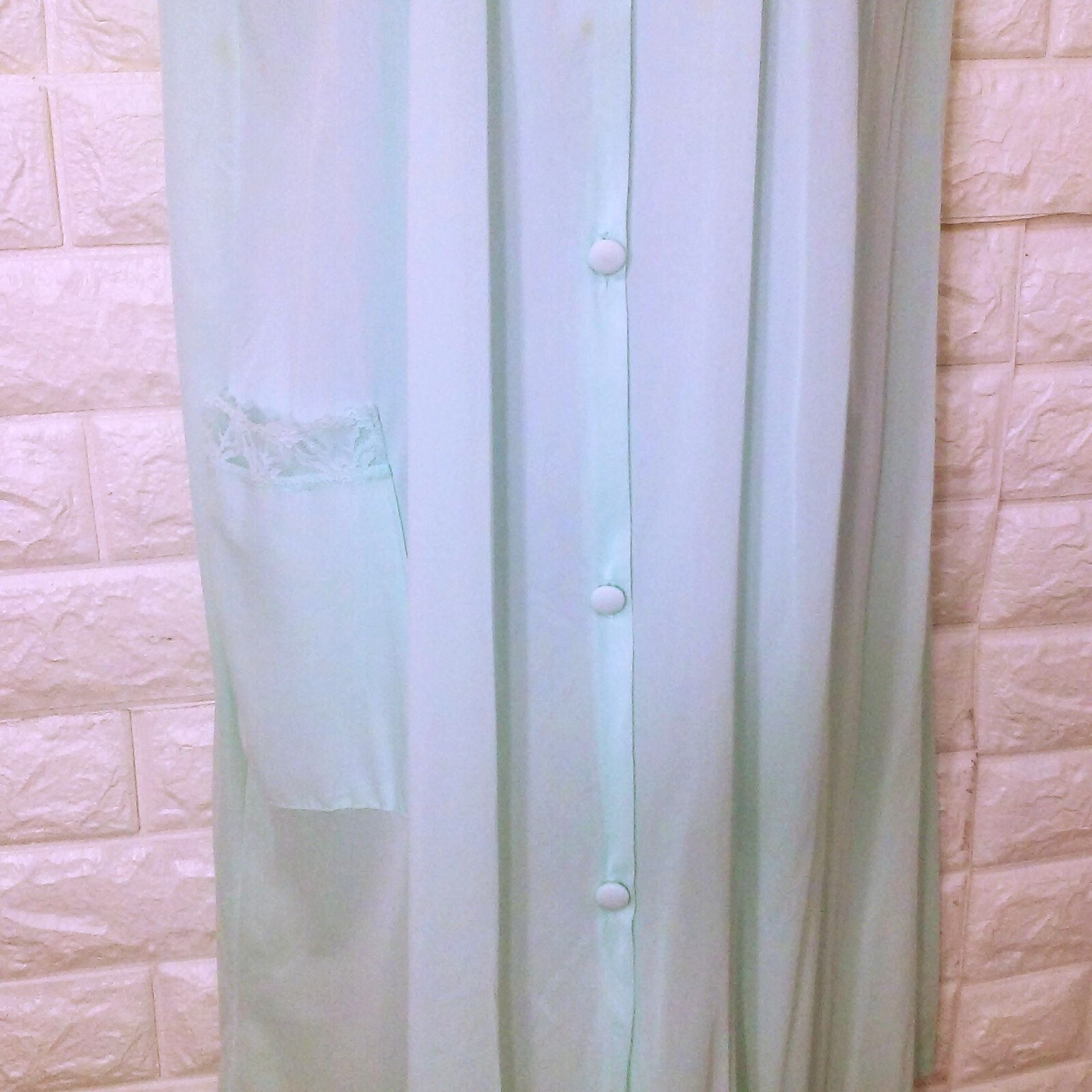 Vintage 80s Danni Dressing Gown Robe -L Pocket Ruched Lace Buttons SSL Nylon