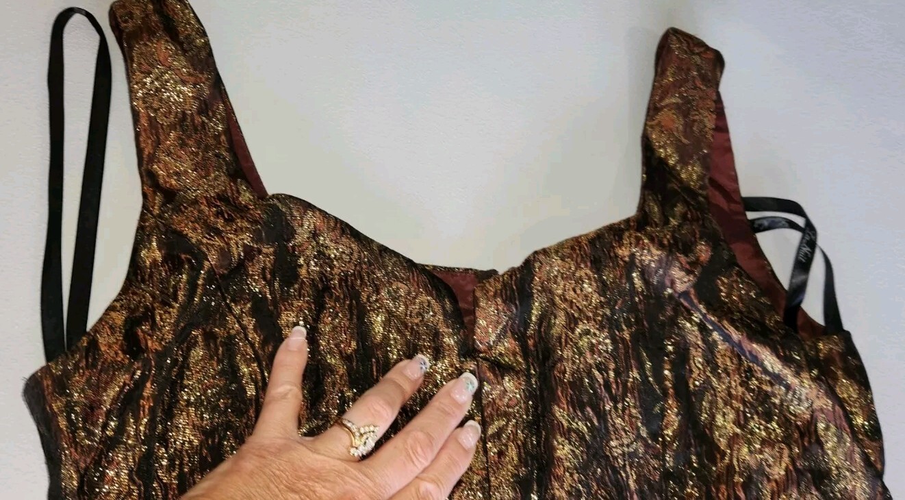 Vintage La Nuit Dress Maxi Formal Metallic Top Brown Velour Bottom Size 12- EXC