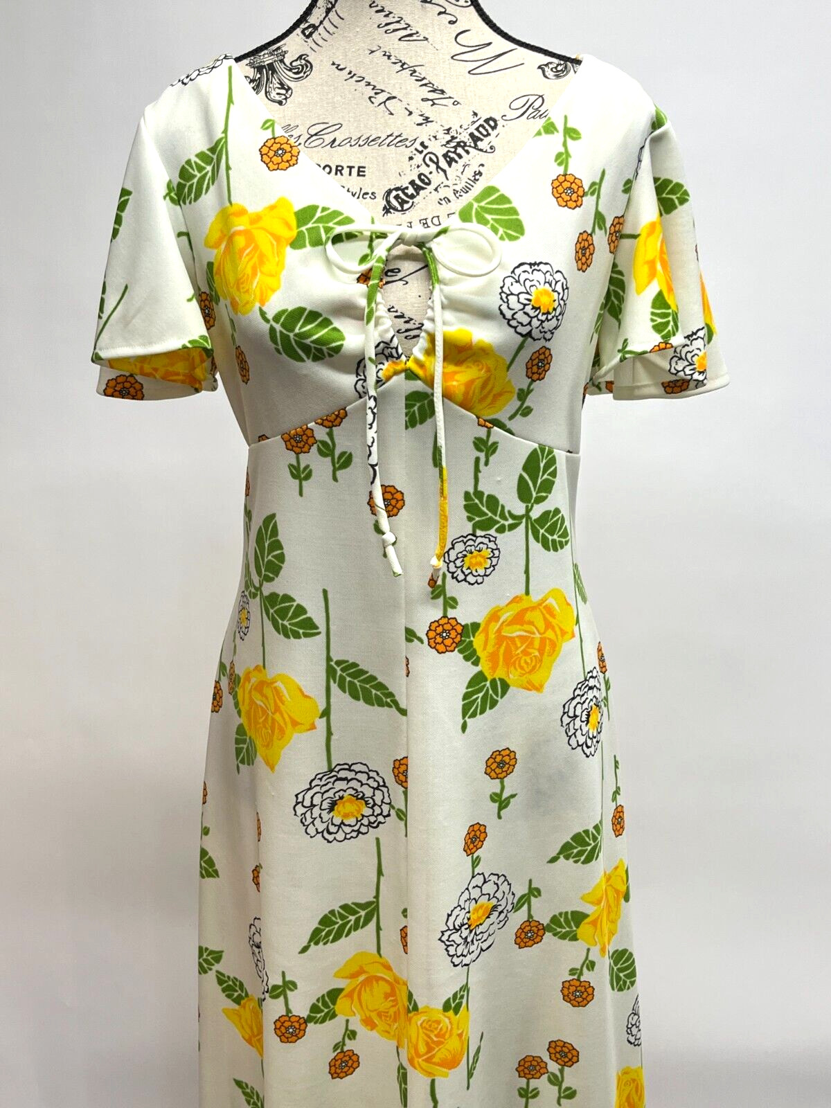 Vintage Maxi Dress Empire White Yellow Green 70’s S/M Boho Handmade