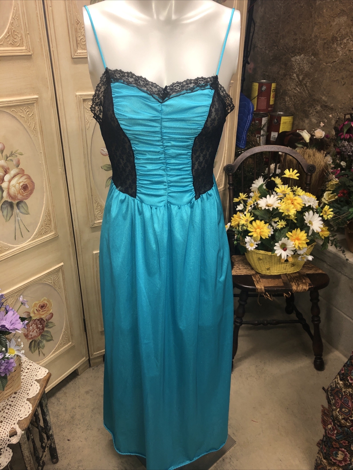 Vintage Long Teal And Black Sleeveless Nightgown S-M Petite