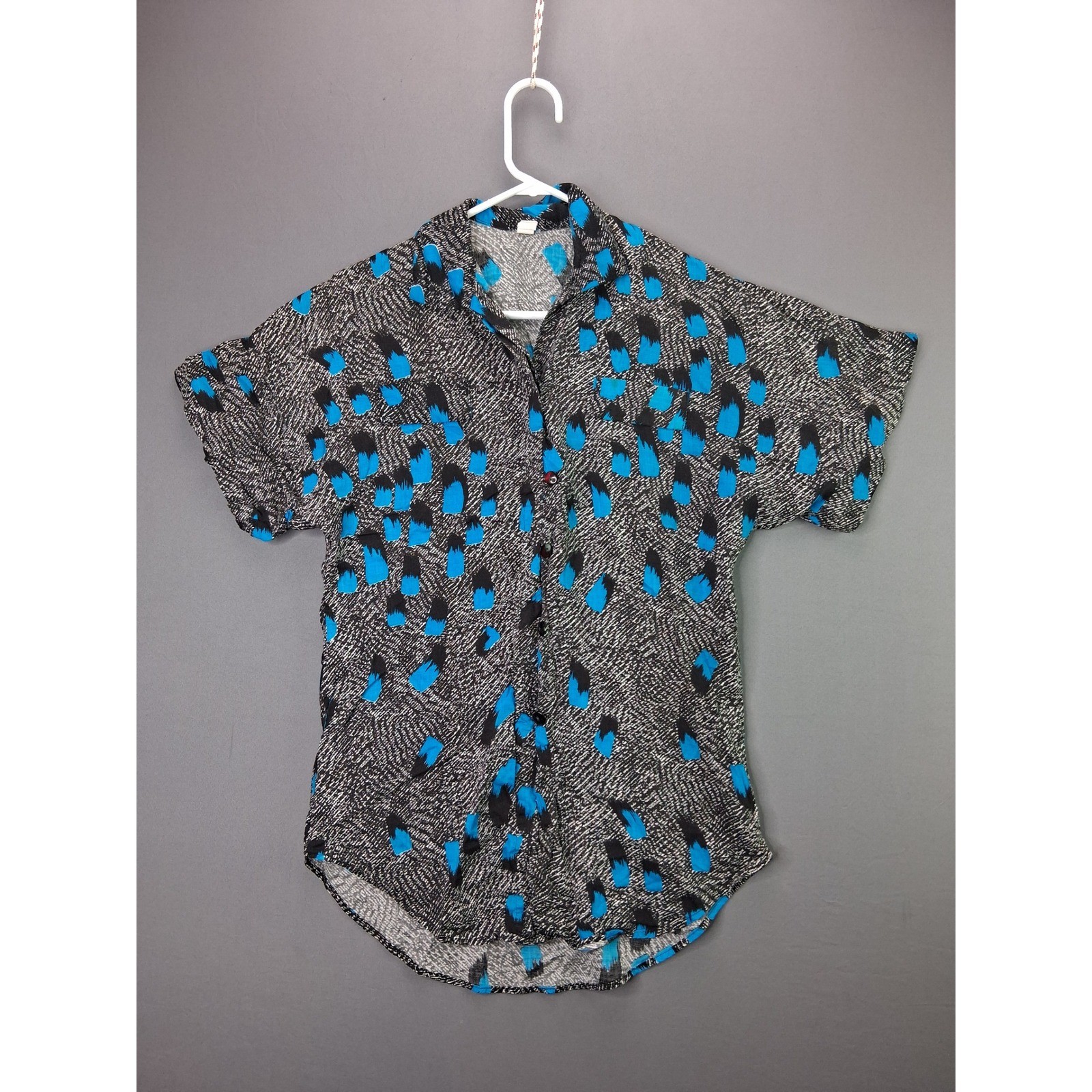 Vintage 80s Button Up Shirt Abstract Brushstroke Size 5 Blue Black Short Sleeve