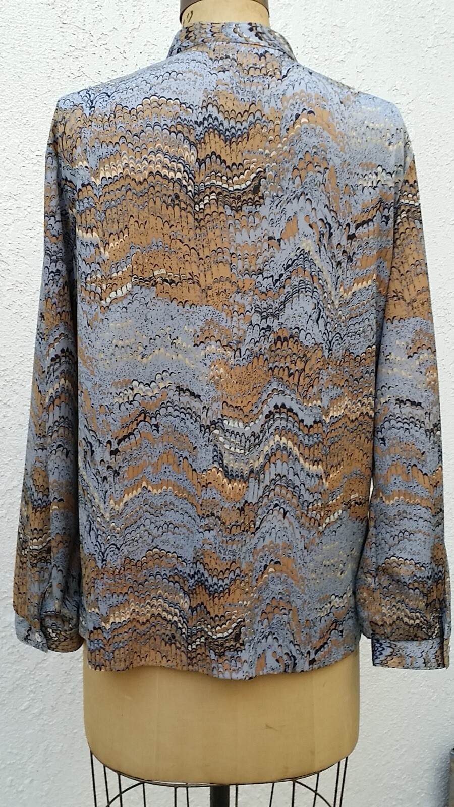 Vintage 1970s Marbleized Print Tunic LS Blouse Mandarin Band Collar Alex Colman