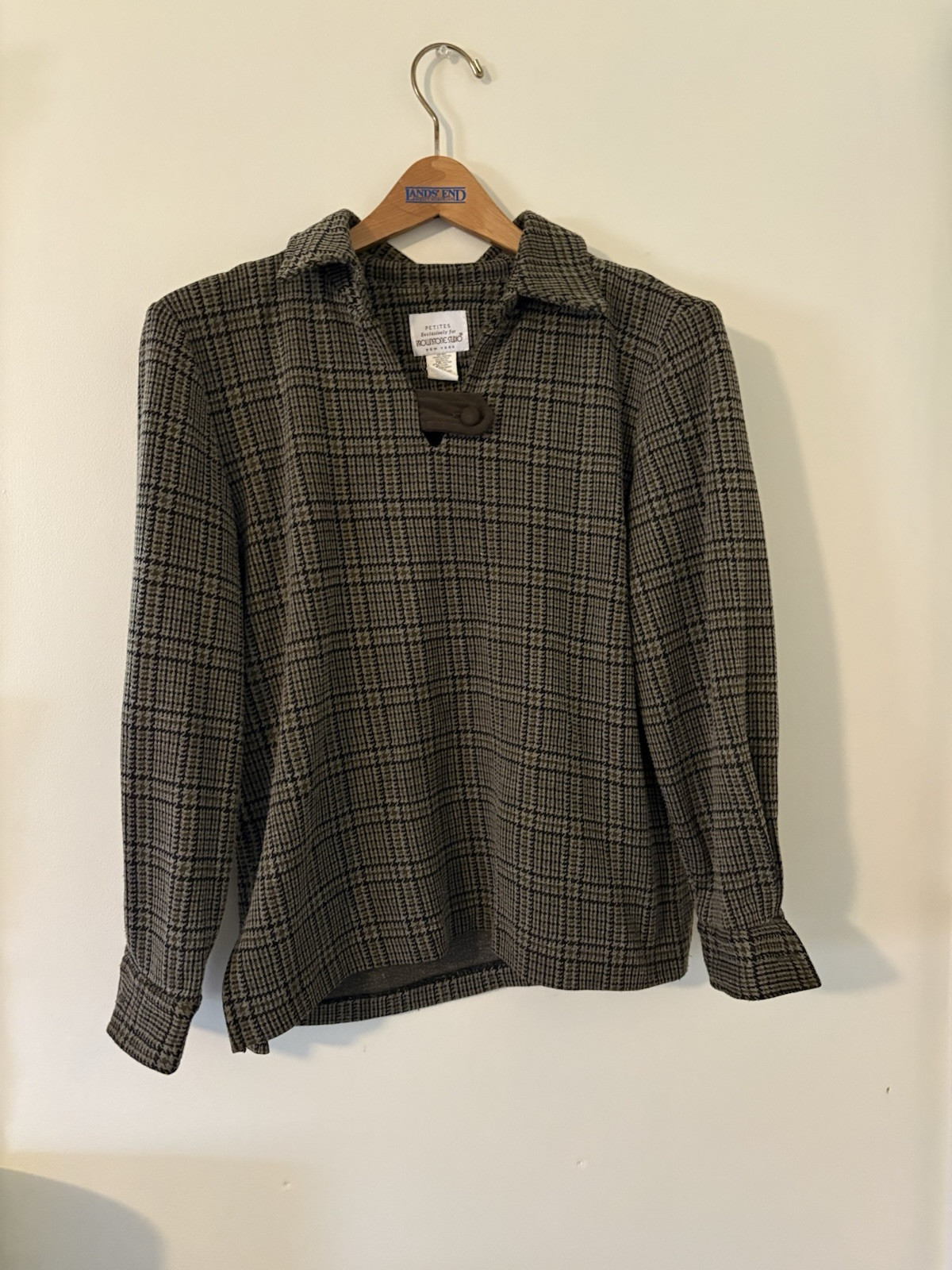 Vintage 1980s Brownstone Studio New York Collared Blouse Brown Plaid Petite S