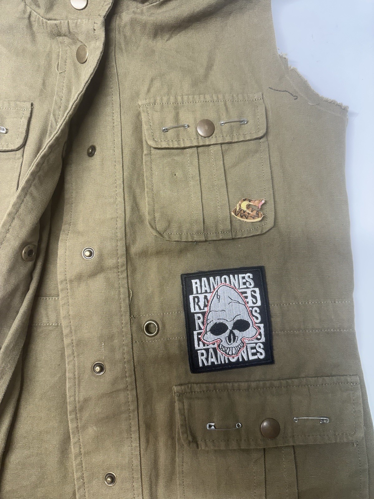 Ramones Rancid Khaki Utility Vest Patches Safety Pins Added Punk Clothes