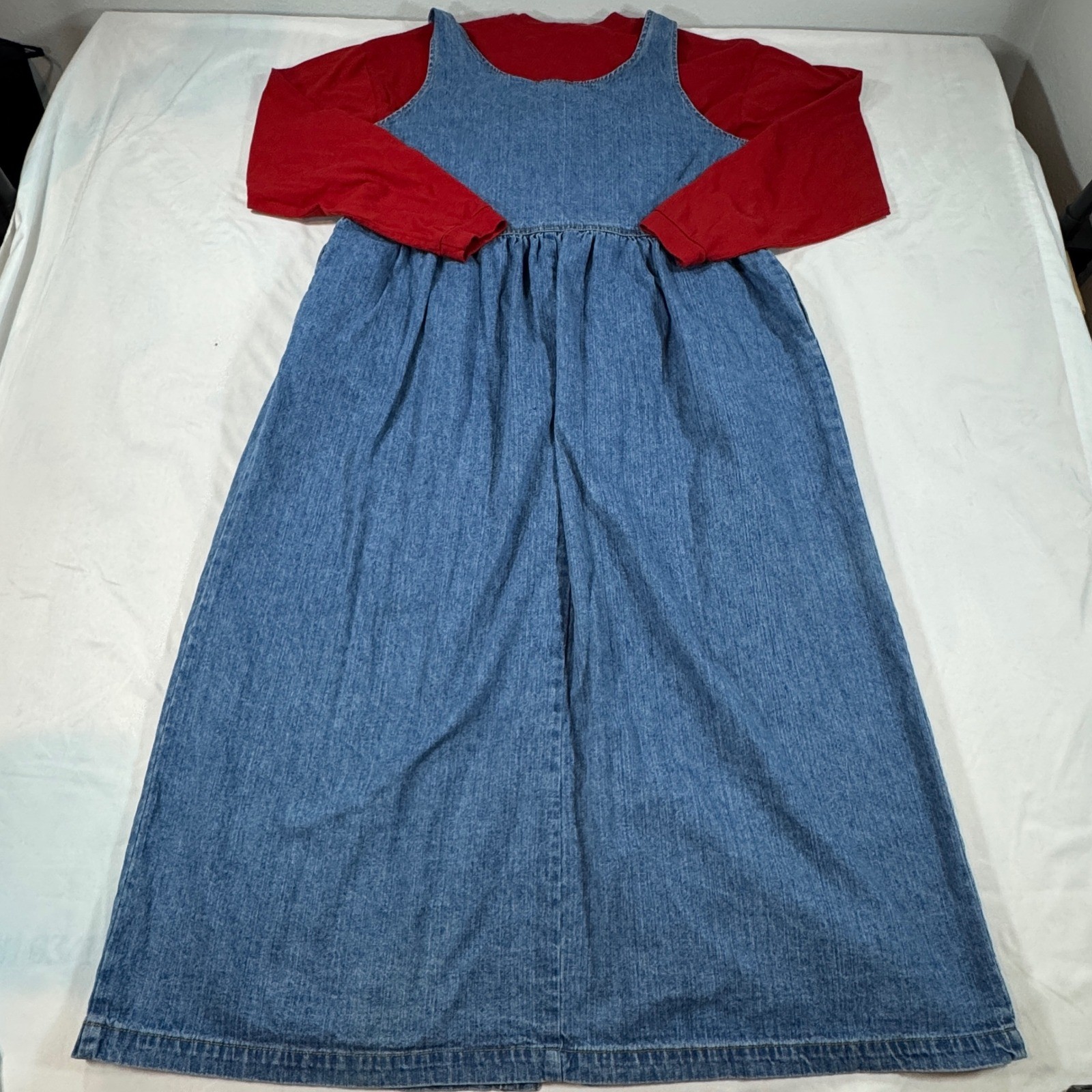 Vintage Disney Store Mickey Minnie Denim Jumper Dress Red Shirt Set L/XL Boho