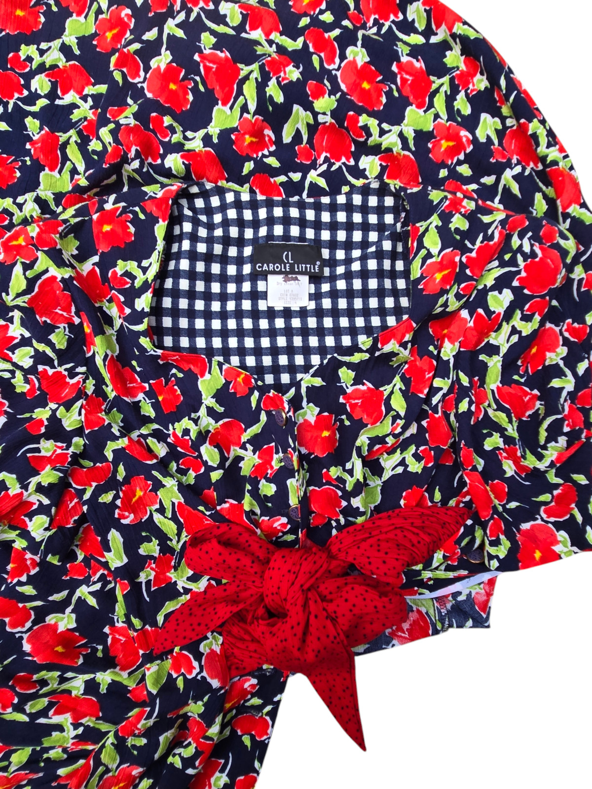 VTG 80s Does 40s Carole Little Rayon Gauze Red White Blue Floral Print Dress S M