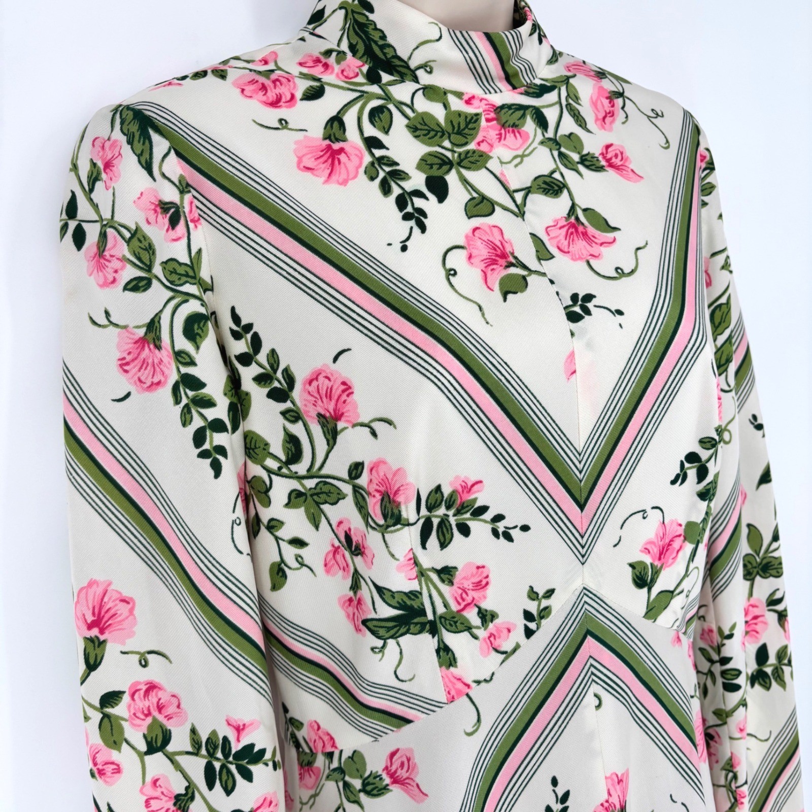 Vintage Julie Miller California 70s Floral Chevron Maxi Dress Pink Green Sz 12
