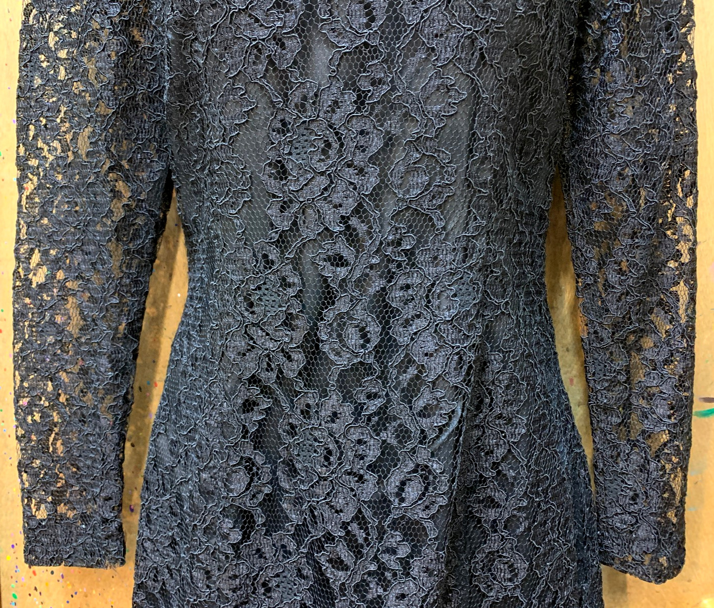 Vintage EXPO NITE Long Sleeve Black Lace Dress Lined Low Back LBD Women’s Size 8