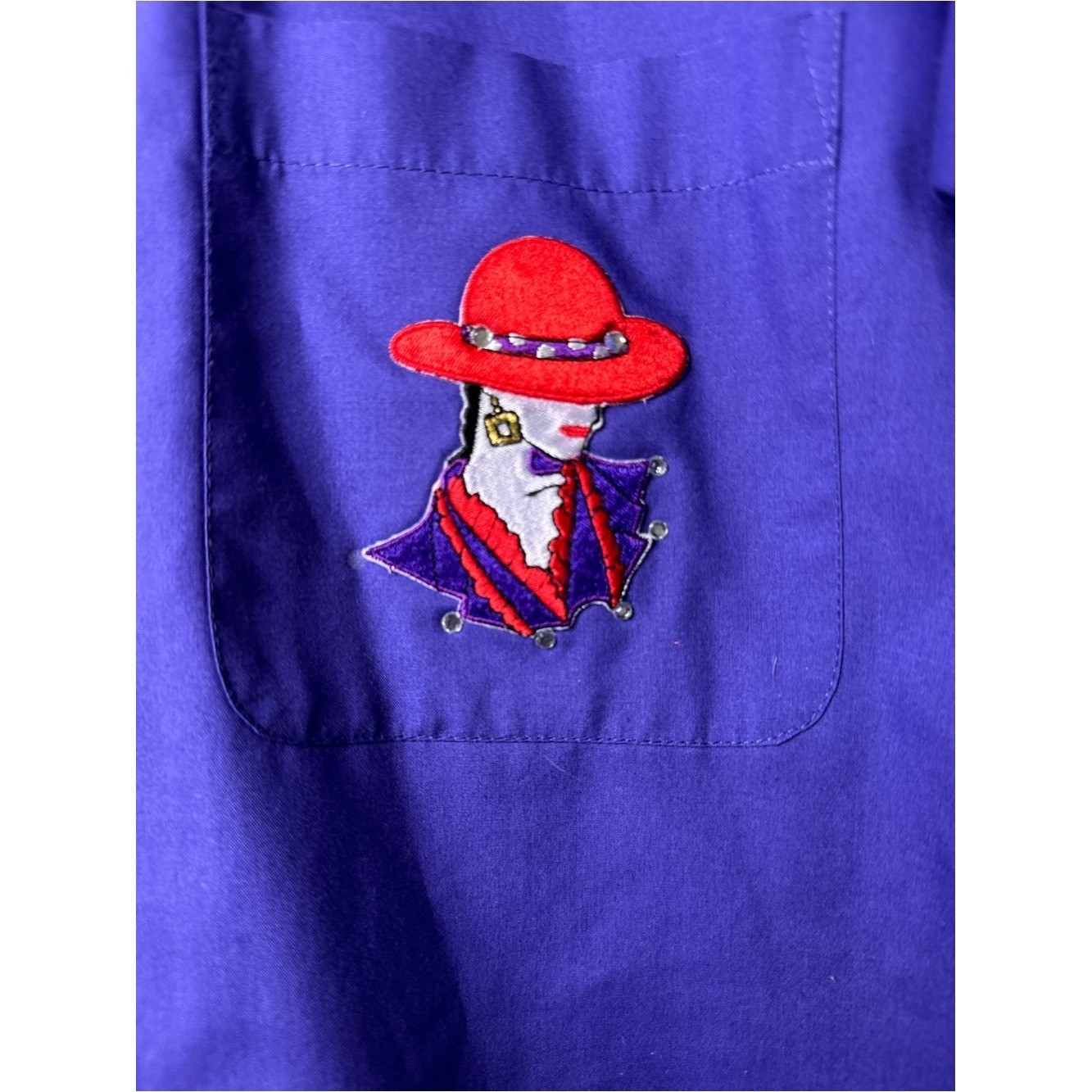 Vintage Las Olas Purple Novelty Embroidered Button Shirt Rhinestone Art Blouse M