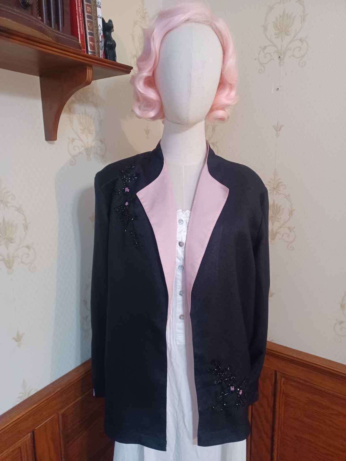 Vintage 1980s Sara Morgan for Halbrand Black Pink Beaded Office Witch Jacket