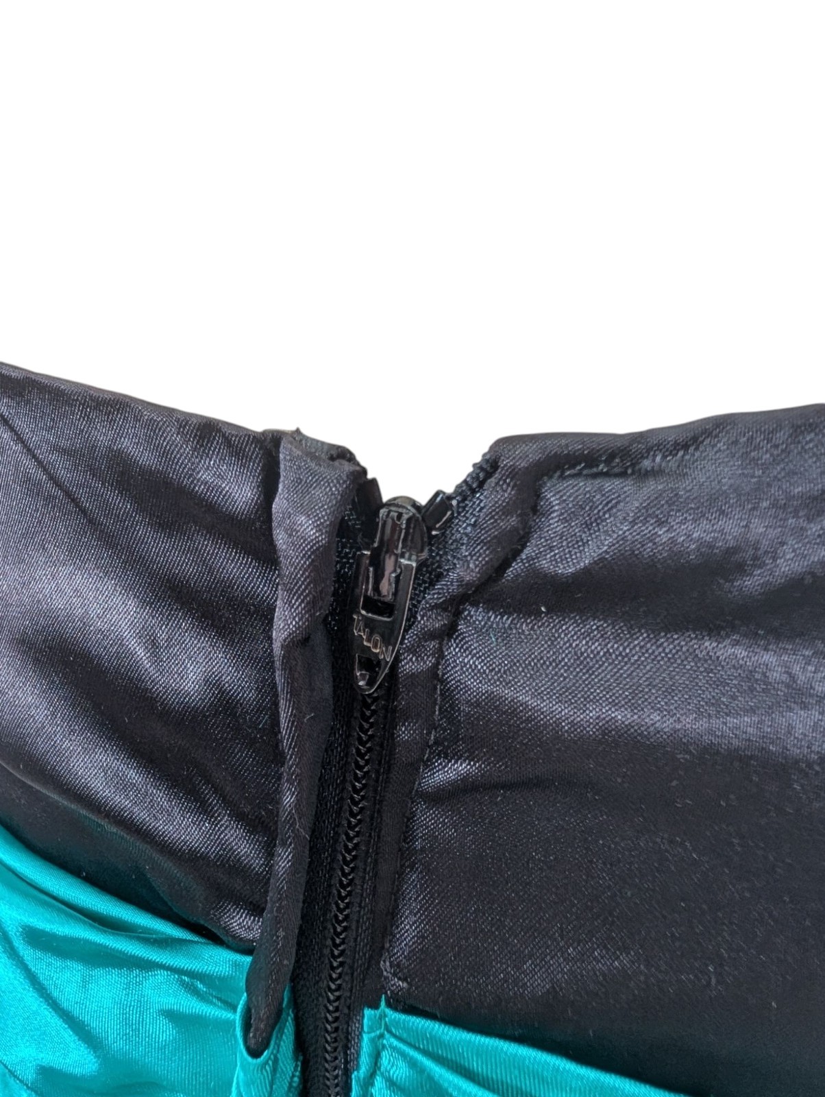 Vtg 80s Prom Dress XS Black Teal Strapless Avant Garde Maxi Glam Satin Hi Low