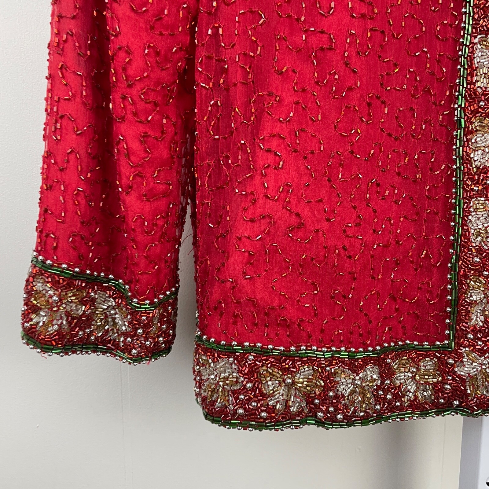 VTG Laurence Kazar Beaded Silk Jacket Womens M Christmas Holiday Bows Glam