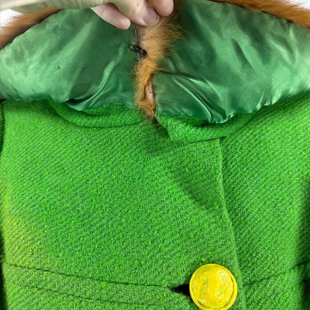 Vintage Green Wool Fur Collar Coat With Yellow Buttons