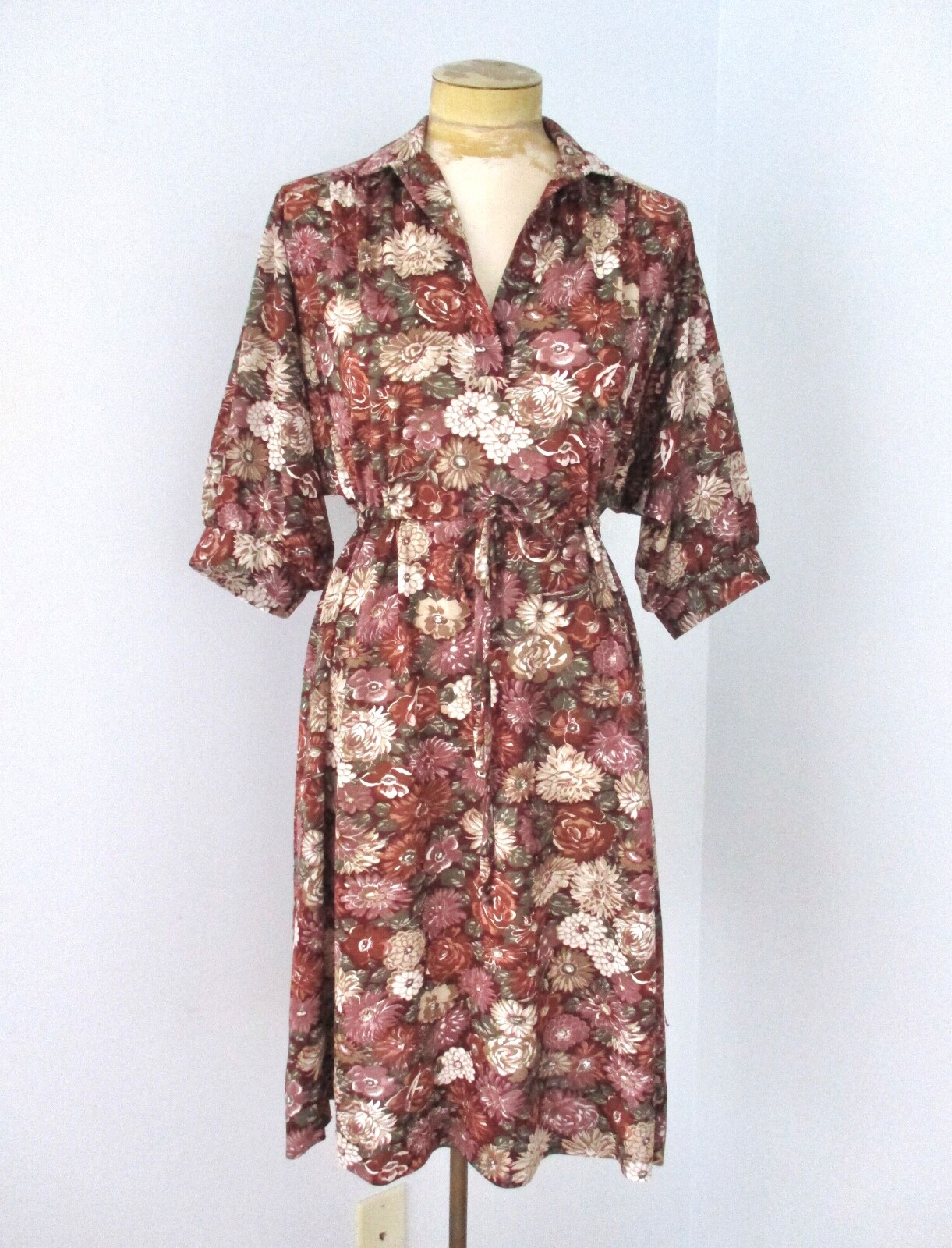 Vtg 70s Autumn Floral Poly Chiffon Dress Empire Drawstring Waist Dolman Slvs M/L