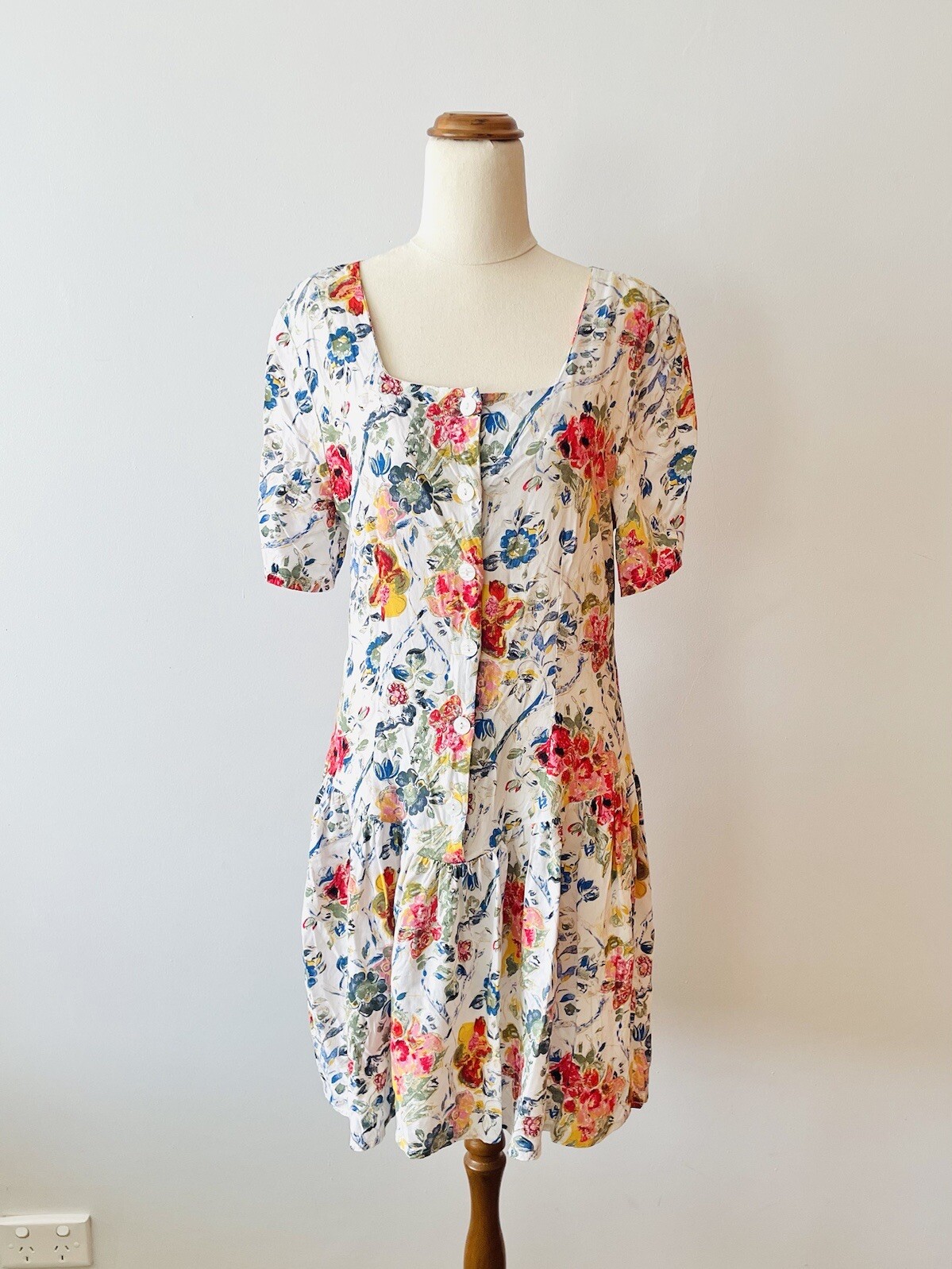 Vintage 80’s 90’s Womens Dress Jacqueline Eve White Floral Drop Waist Size 10 12