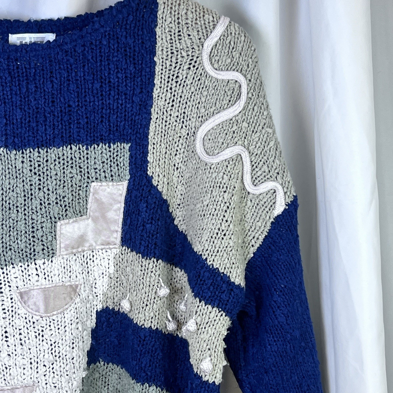 Vintage 80s IJW Mervyns Abstract Navy Creaam Knit Sweater Size Small