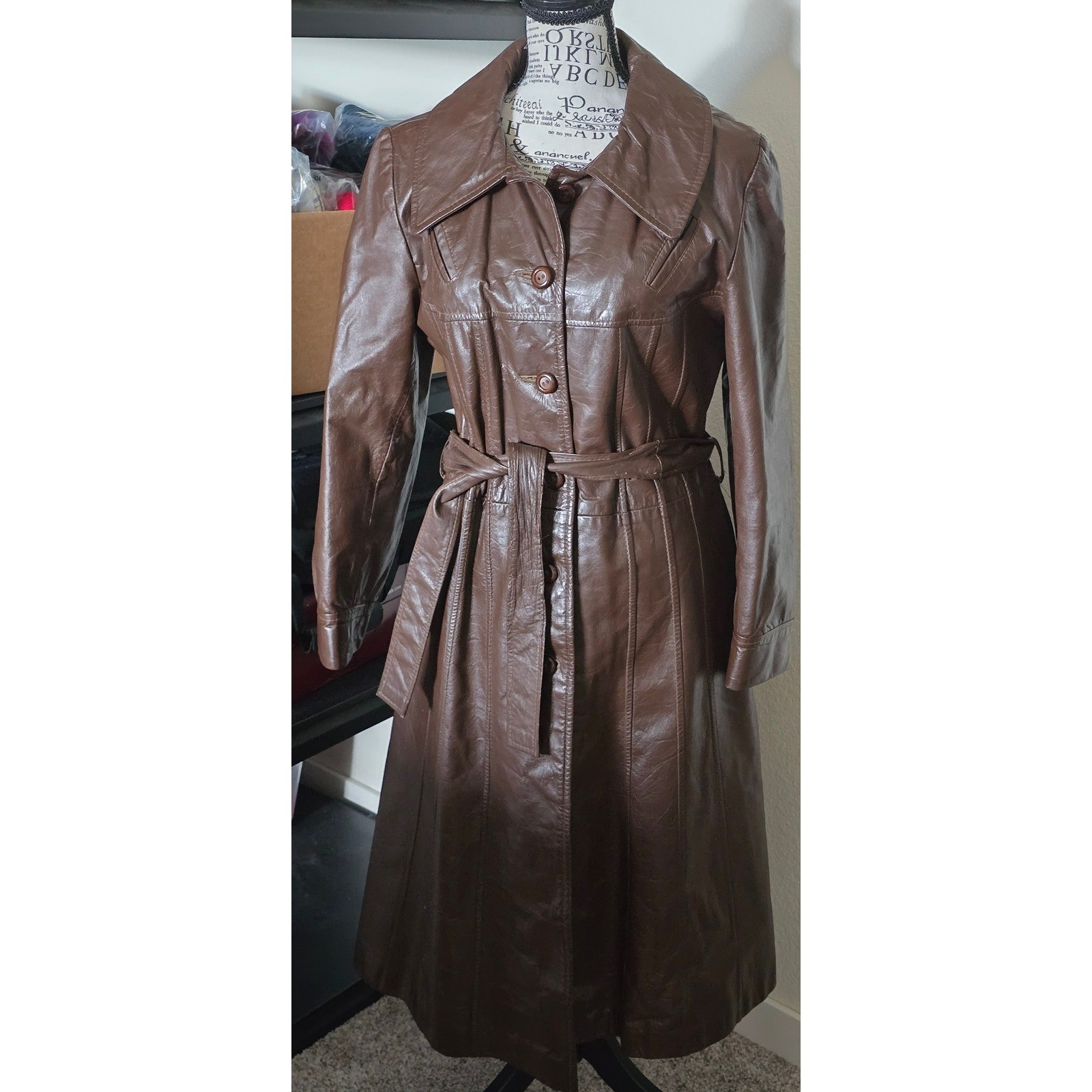 Vintage 70s Brown Leather Trench Coat Long Belted Womens 14 Junior Gallery Retro