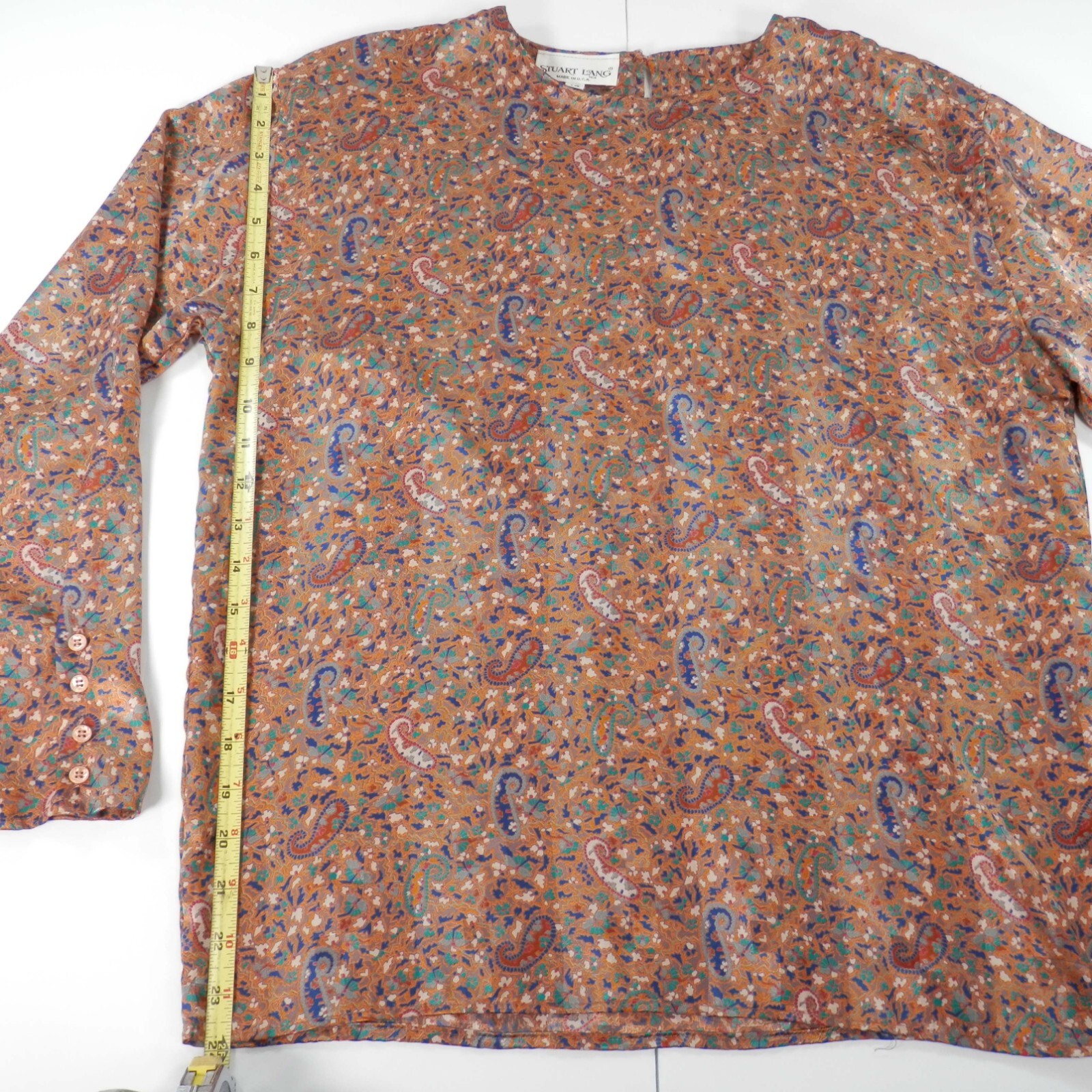 Vintage 70s 80s Womens L Paisley Print Blouse Orange Blue Stuart Lang Silky