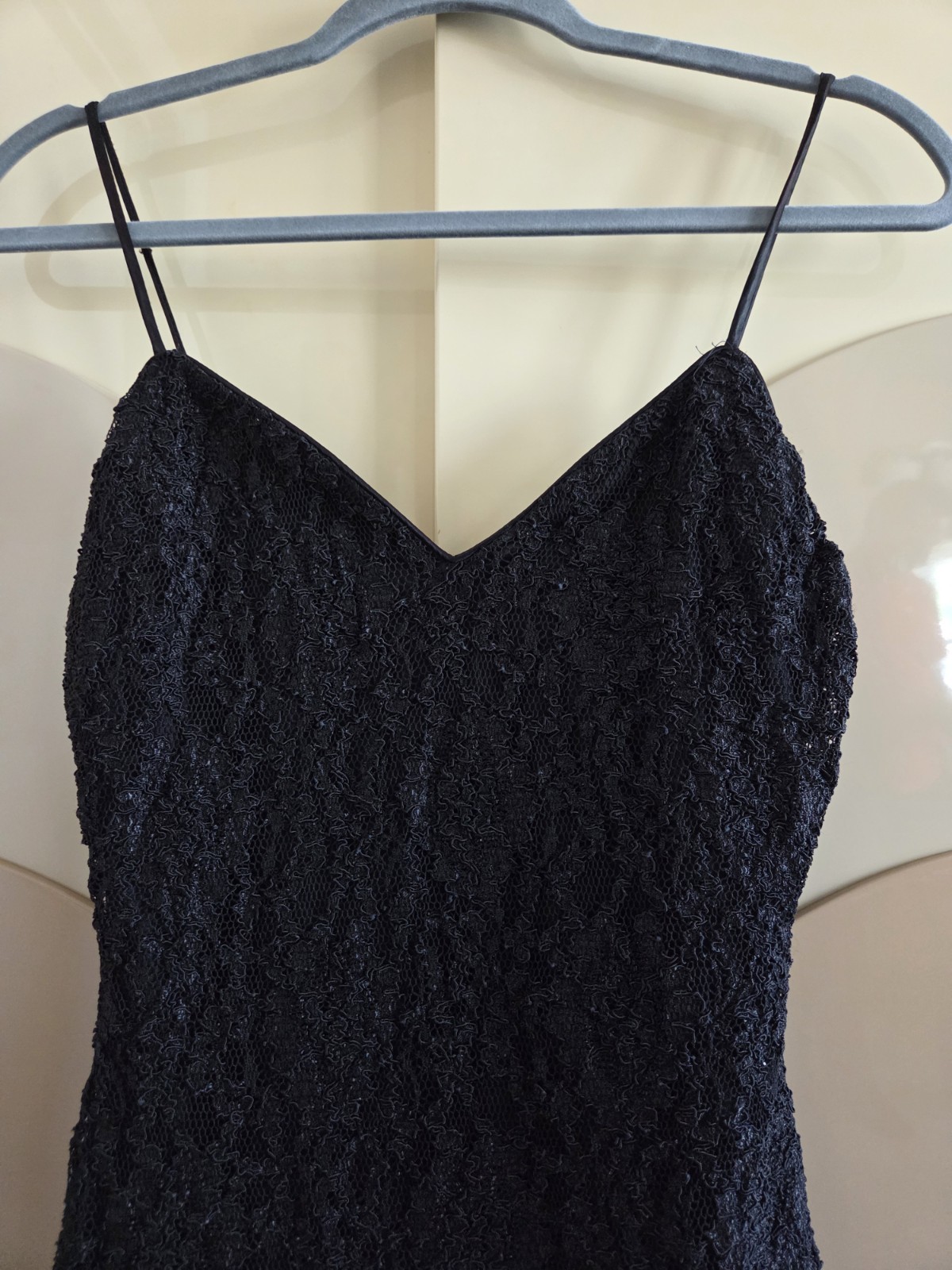 Vintage L.A. Glo Black Lace Maxi Dress Slip Spaghetti Strap Side Slit USA XS/S