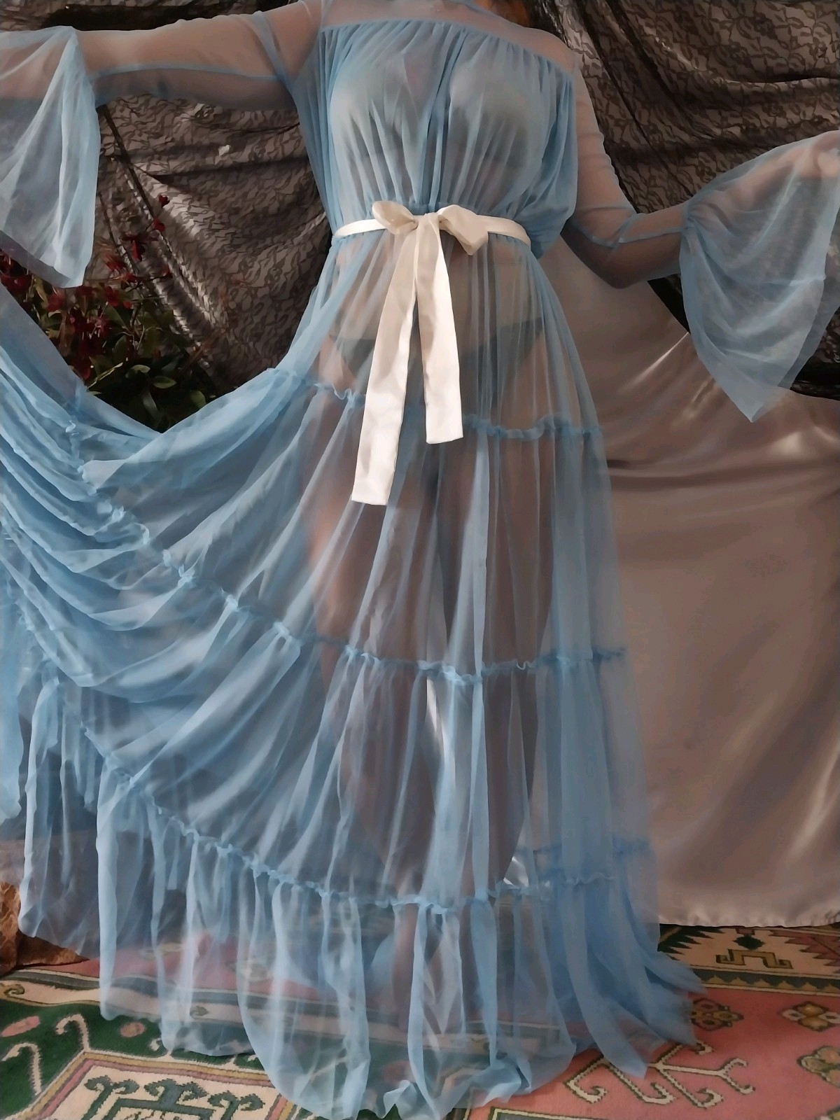 VTG NYLON BABY BLUE OPAQUE SHEER RUFFLES LAYERS TIER BELL SLV SWEEP NIGHTGOWN 48