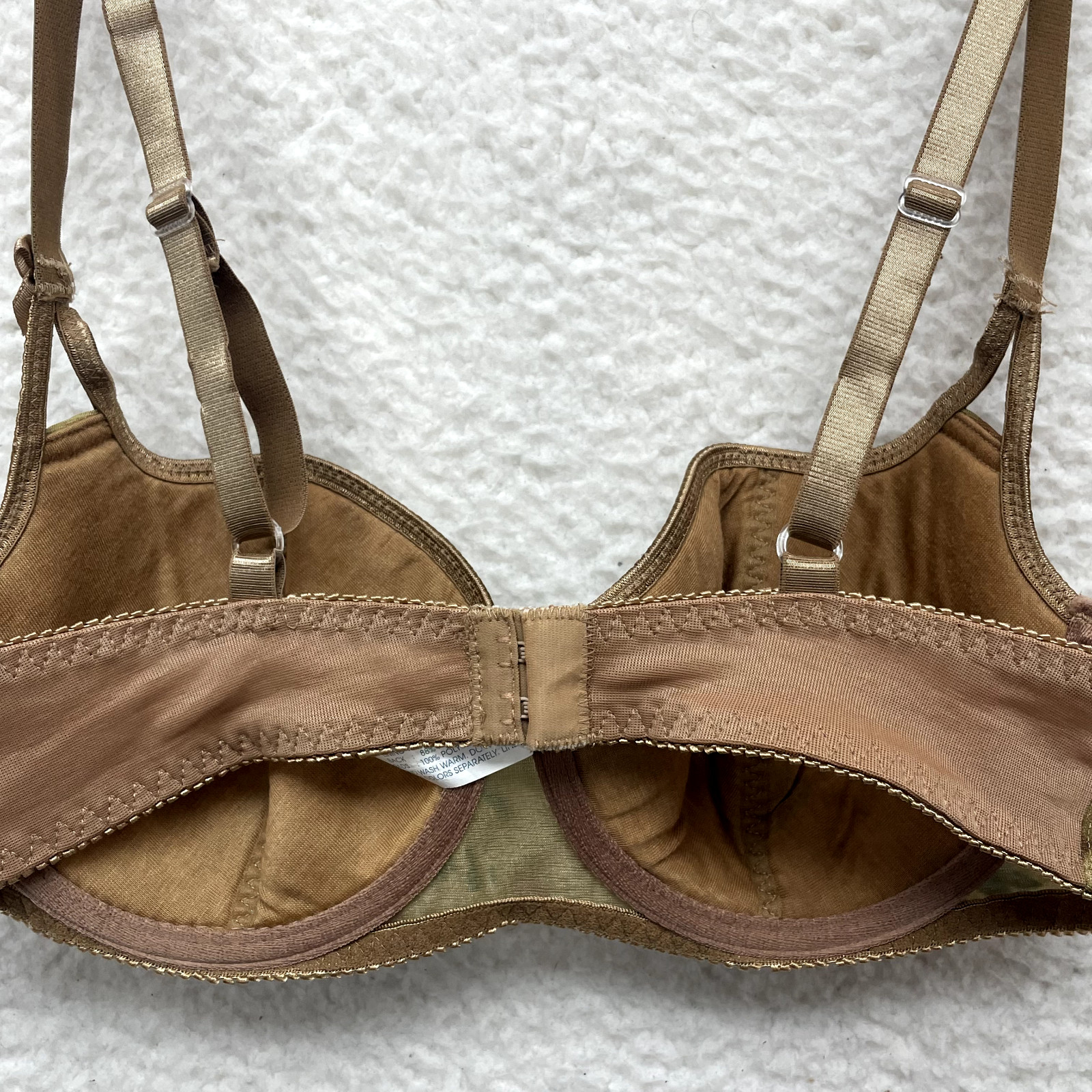 Vintage Bra 34C Balconette T-Shirt Tan Green Pattern Bow Underwire Lingerie Sexy
