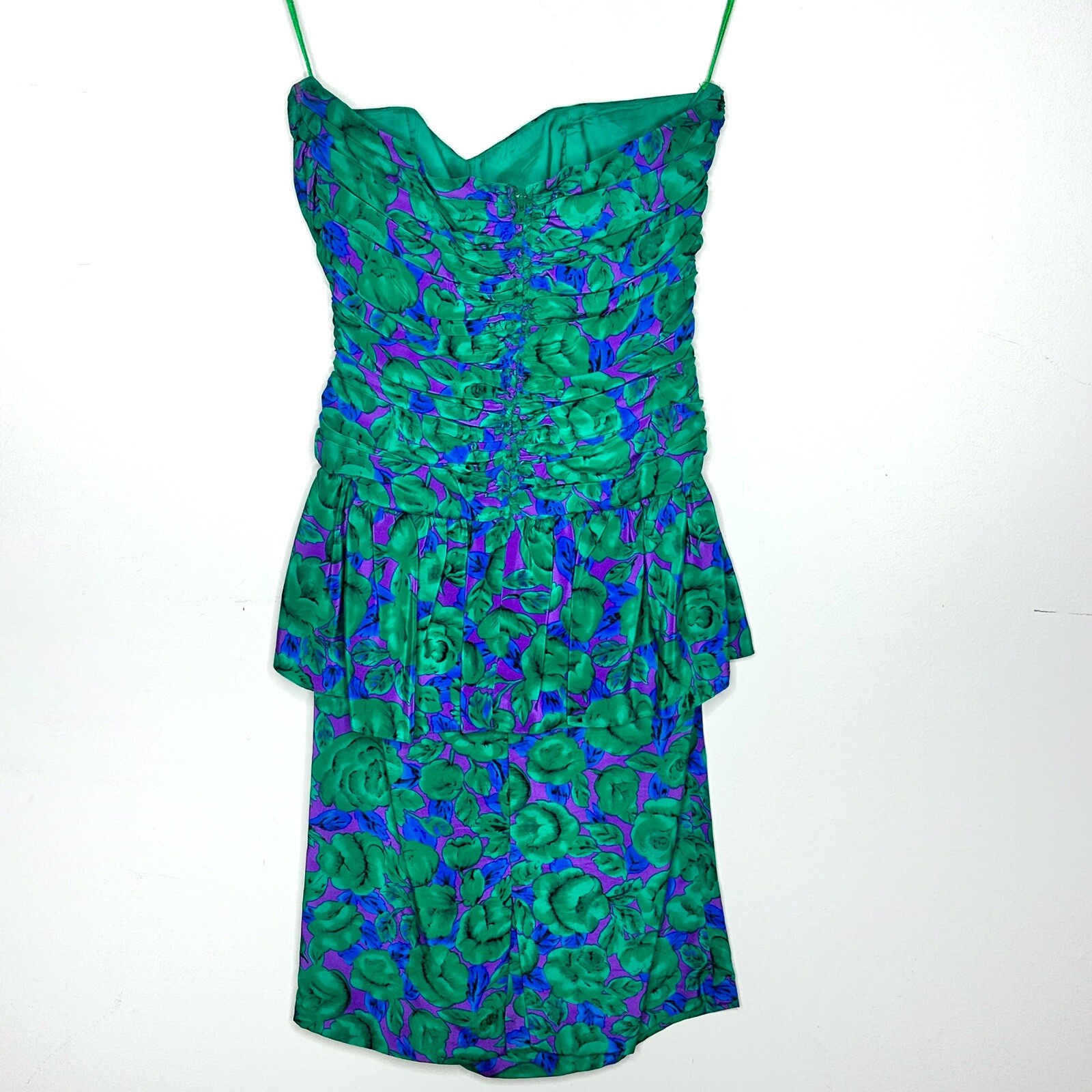 Vintage Kathryn Conover NY 100% Silk Strapless Peplum Floral Dress Size 6