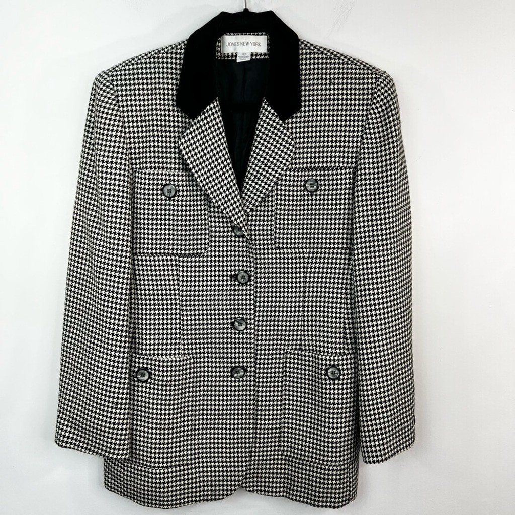 Vintage 80s 90s pure wool black white houndstooth old money oversized blazer 10