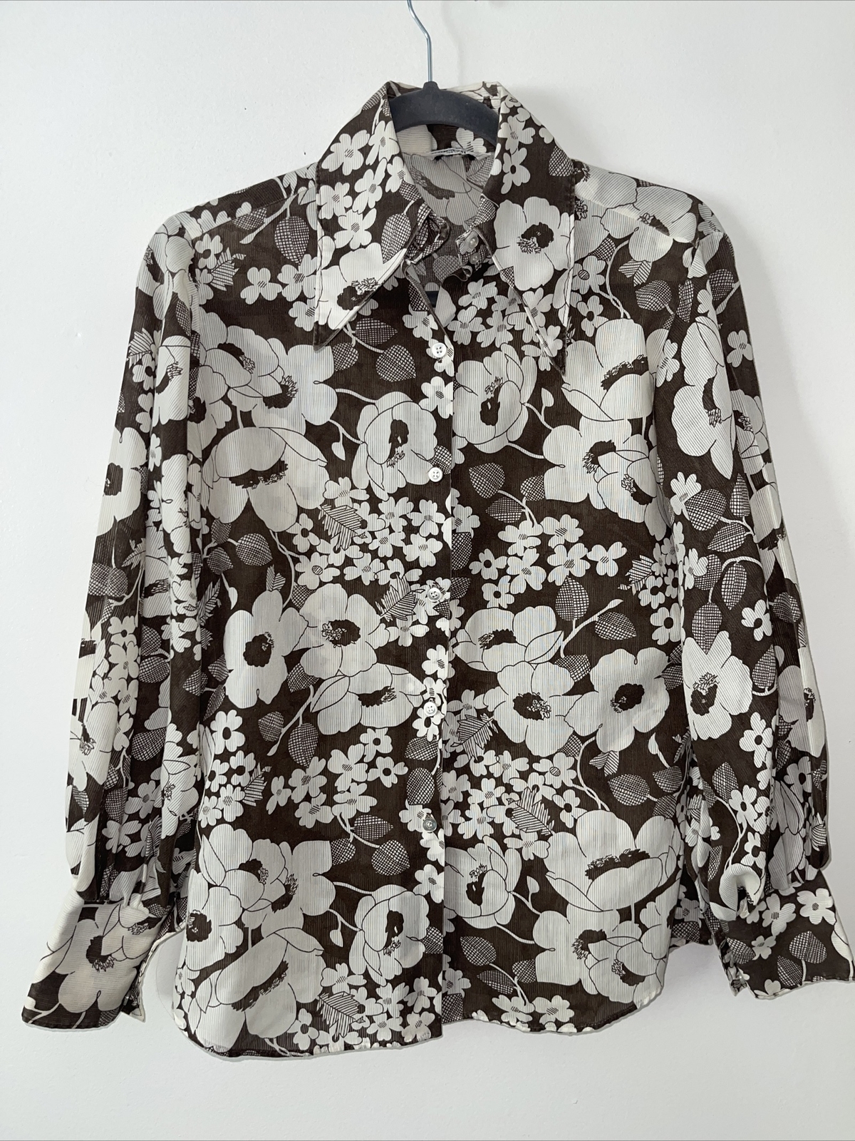 Permanent Press Vintage Womens 70”s Brown Flower Button Down Shirt Size M