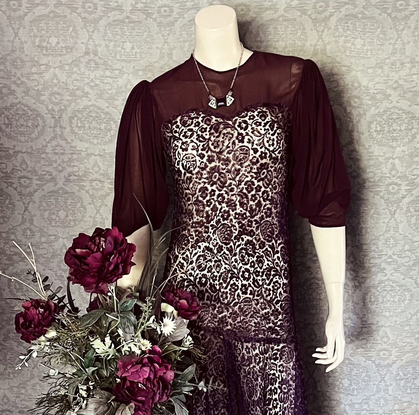 Charming 1930s Plum Silk Lace, Chiffon Occasion Dress, Excellent, Petite, Small