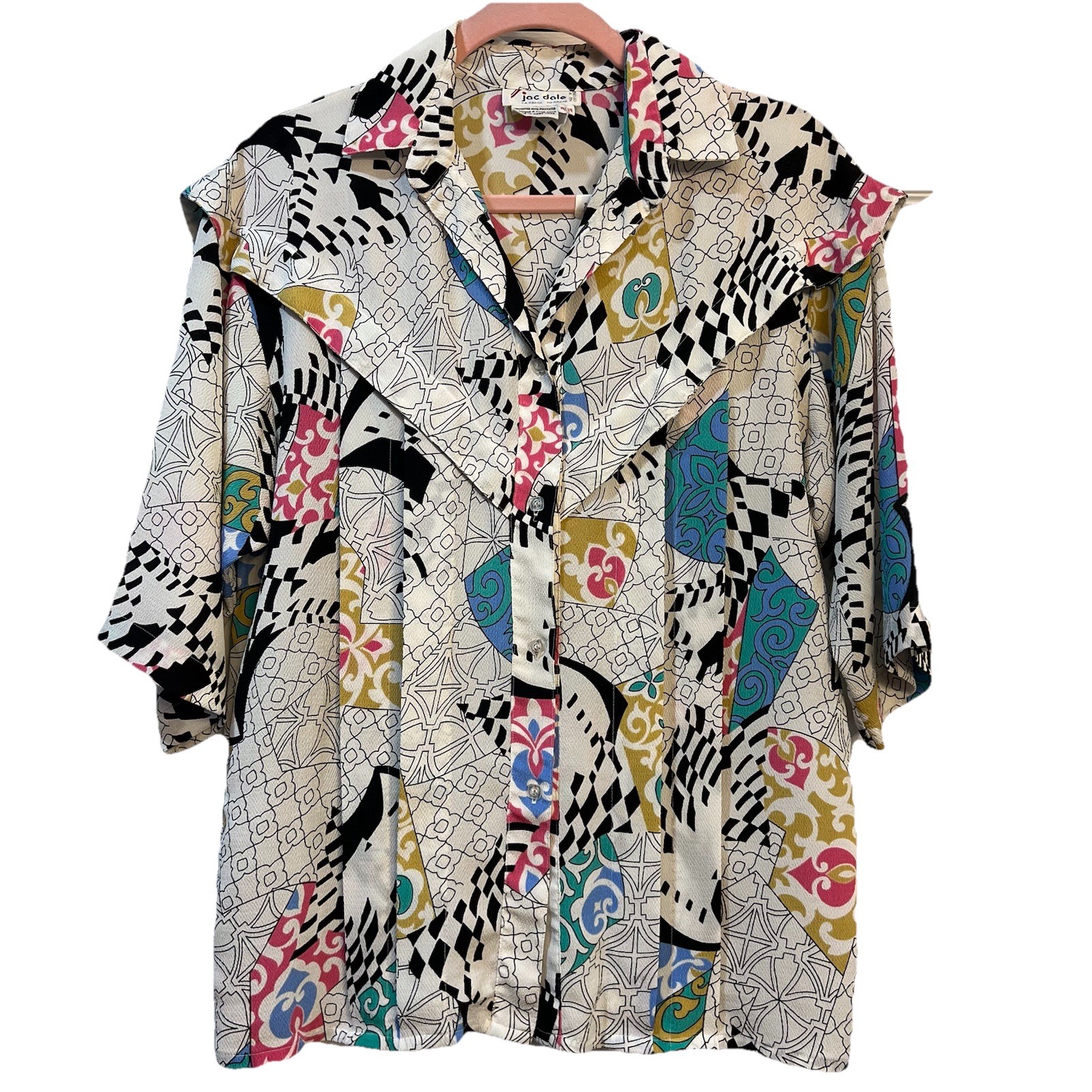 Vintage 1980s Jac Dale Women’s M Geometric Abstract Print Flapped Yoke Retro MCM