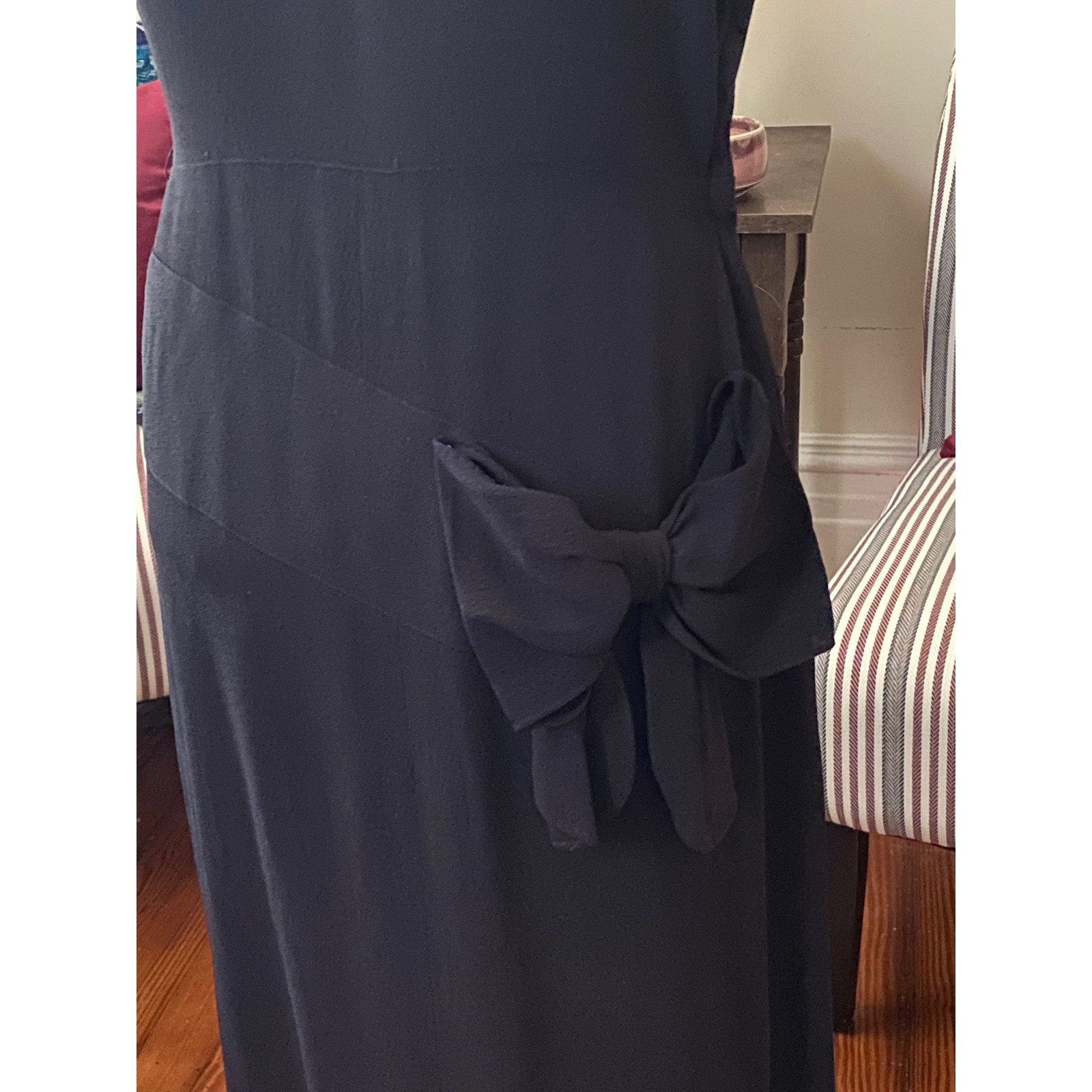 Vtg 30’s dress Floral Neckline Maxi Gown with Hip Bow Detail Black Sz S art deco